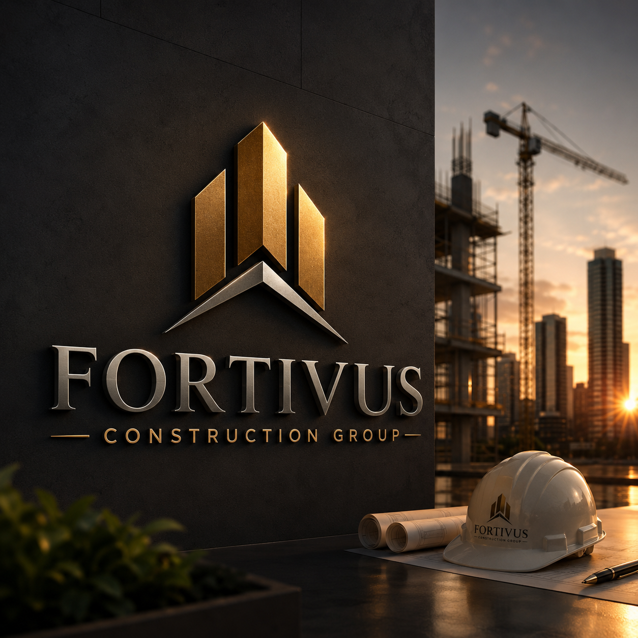 Fortivus Construction Group logo on a dark wall beside a hard hat and sunset construction site