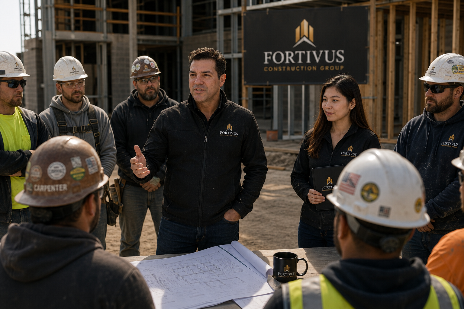 Construction crew meeting at a site, with a man speaking in front of a Fortivus sign.