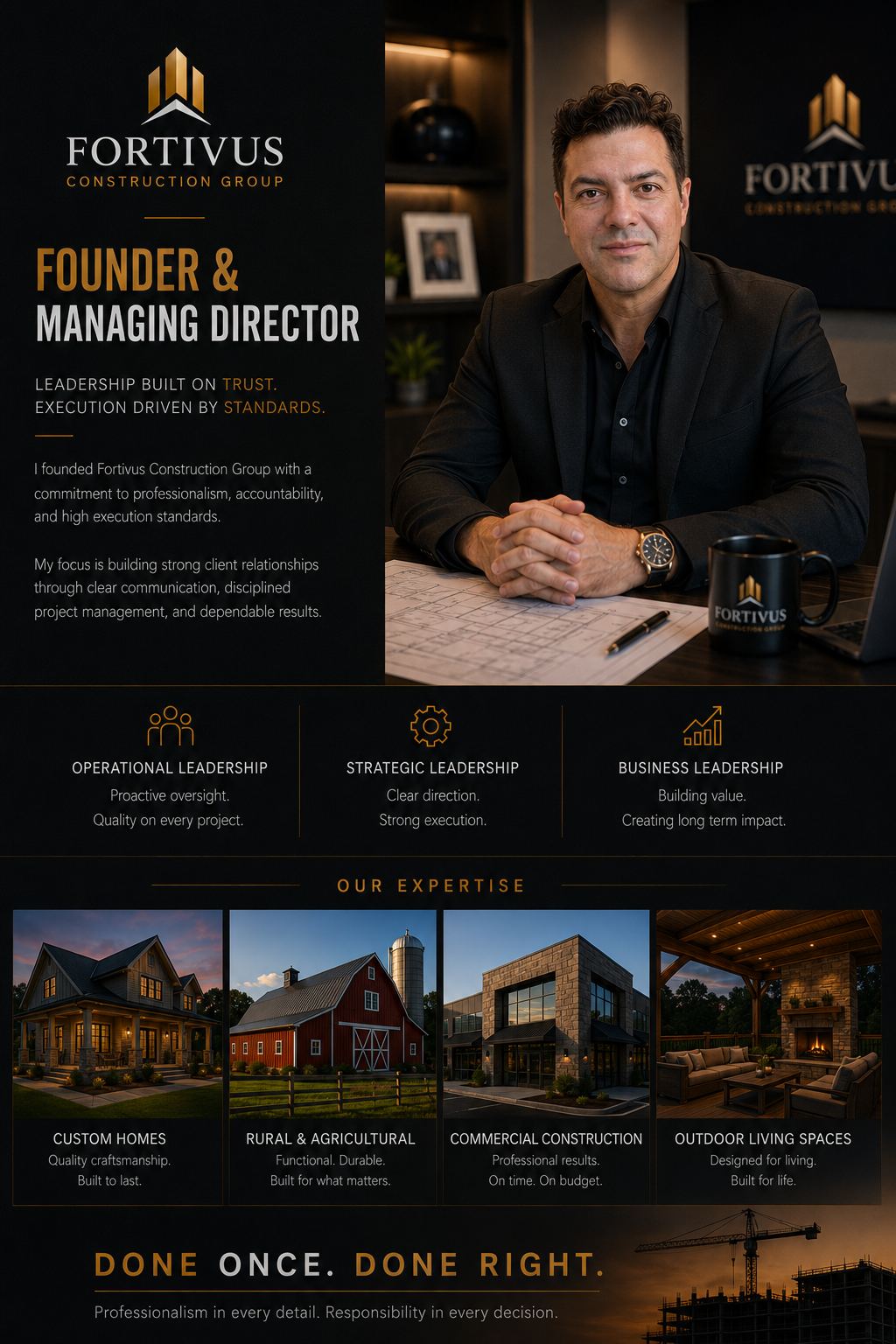 Fortivus Founder & Managing Director portrait with luxury building projects and tagline “Done Once. Done Right.”