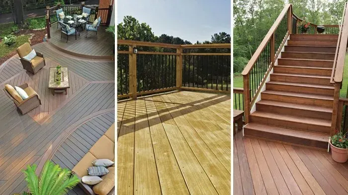 Outdoor wooden deck and stairs with railings in a landscaped yard, shown in three views.