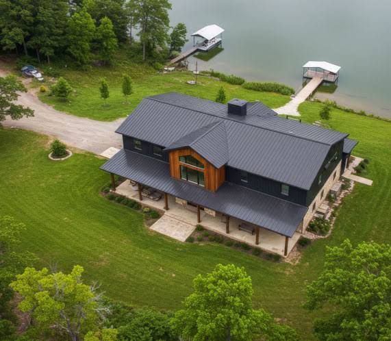 Aerial view of a modern black-roof lake house with docks, surrounded by green lawn and trees.
