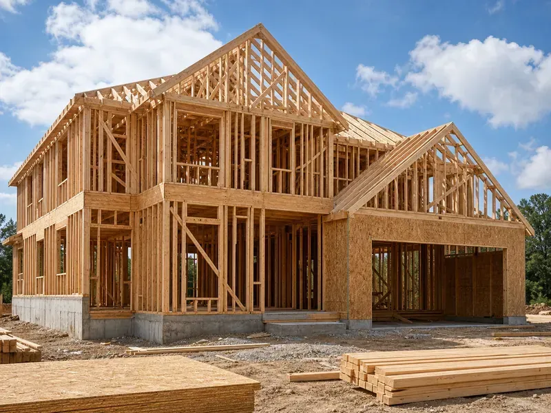 Wood-framed house under construction with exposed beams, plywood, and stacked lumber under a blue sky