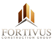 Fortivus Construction Group logo with gold and gray building icon and text