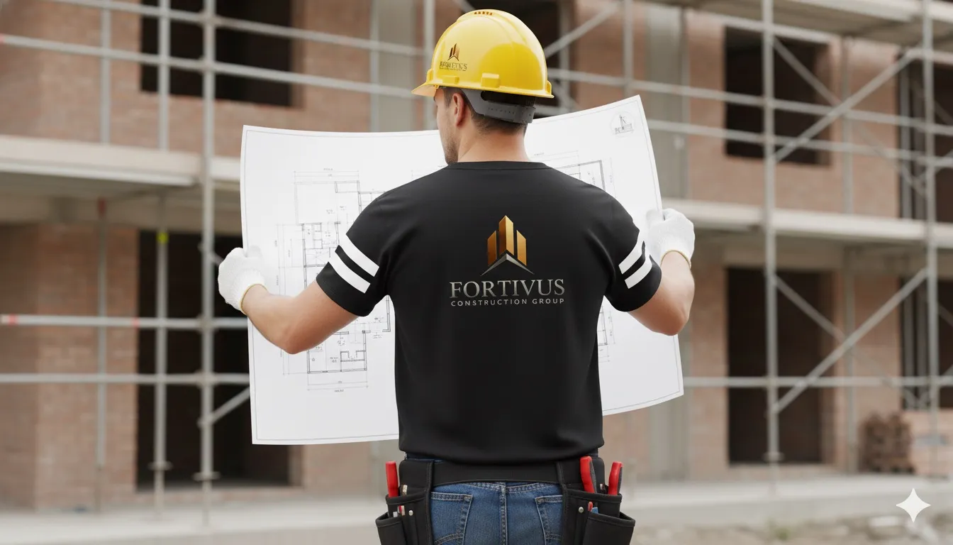 Construction worker in yellow hard hat reviewing blueprints at a building site.