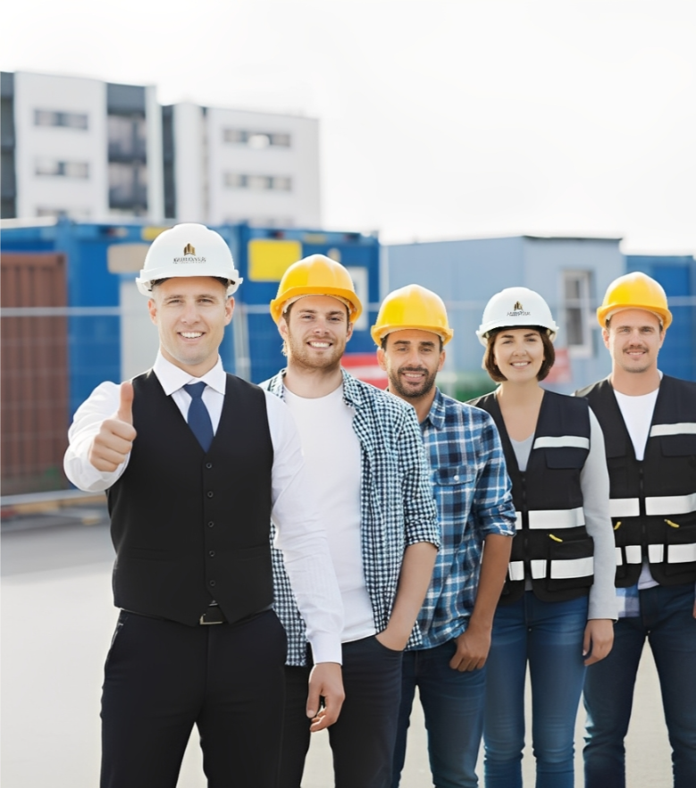 Five construction workers in hard hats standing together outdoors, with one giving a thumbs-up.