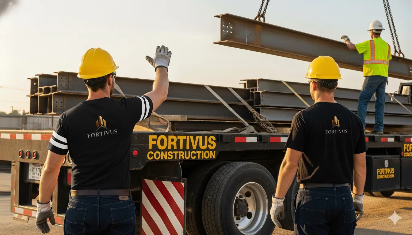 Construction crew in yellow hard hats loading a beam onto a Fortivus truck at a worksite.