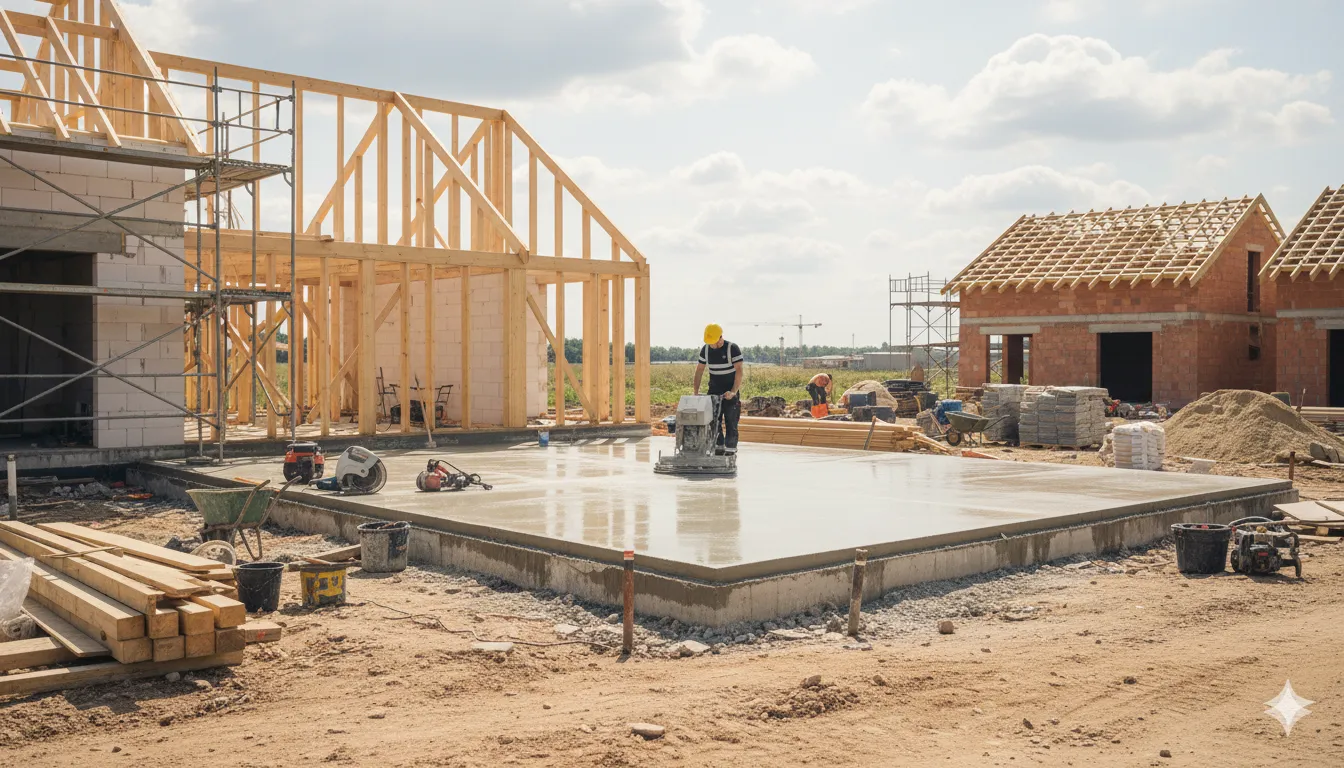 Construction site with wooden framing, concrete foundation, and workers near a partially built brick house