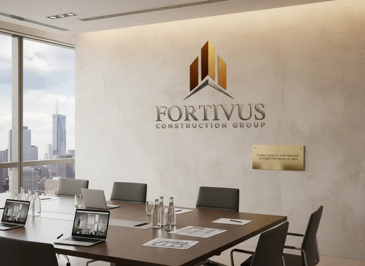 Fortivus Construction Group logo on a conference room wall beside a city-view meeting table