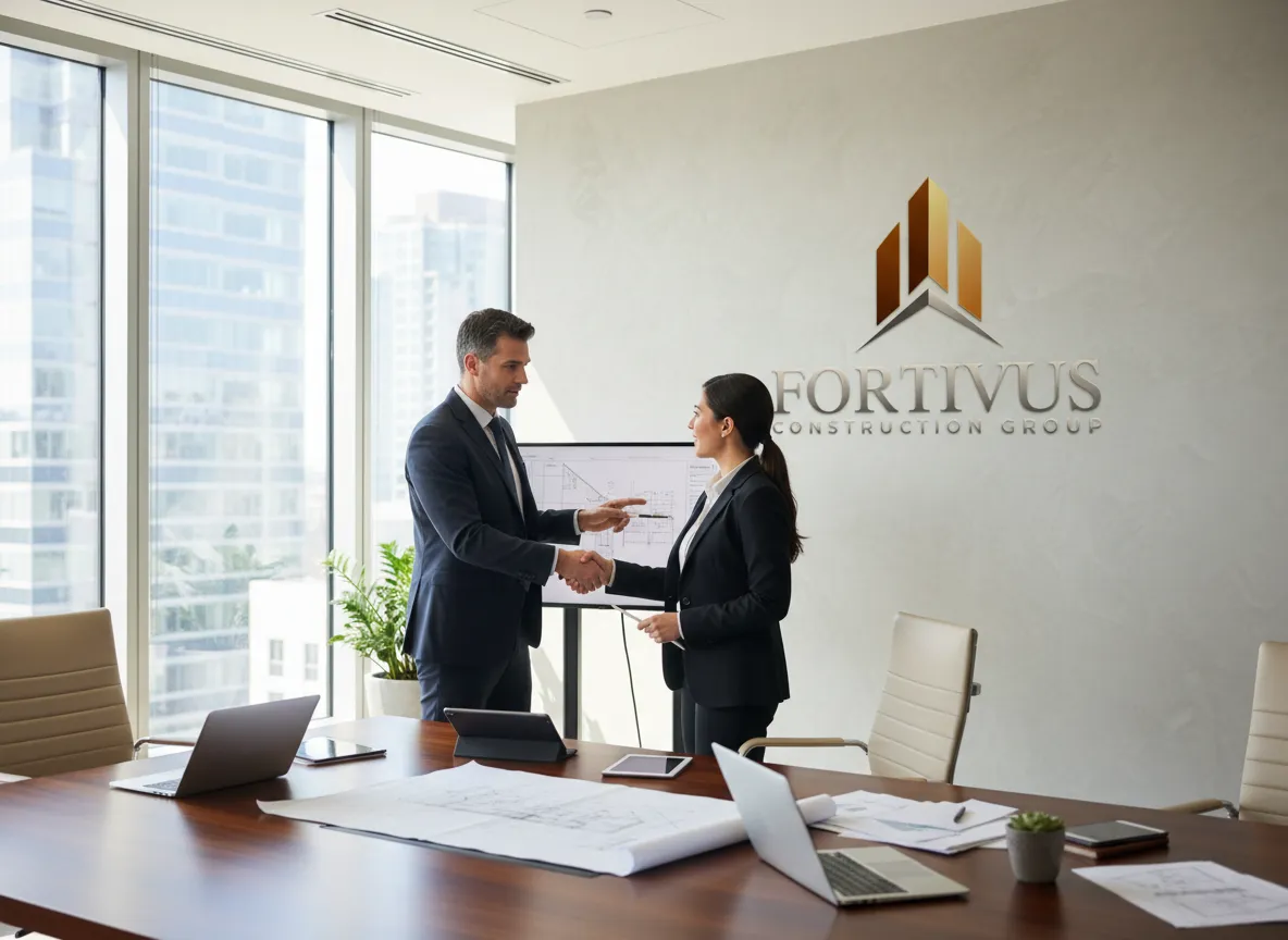 Two professionals shake hands in a bright office conference room with city views and a Fortivus logo.