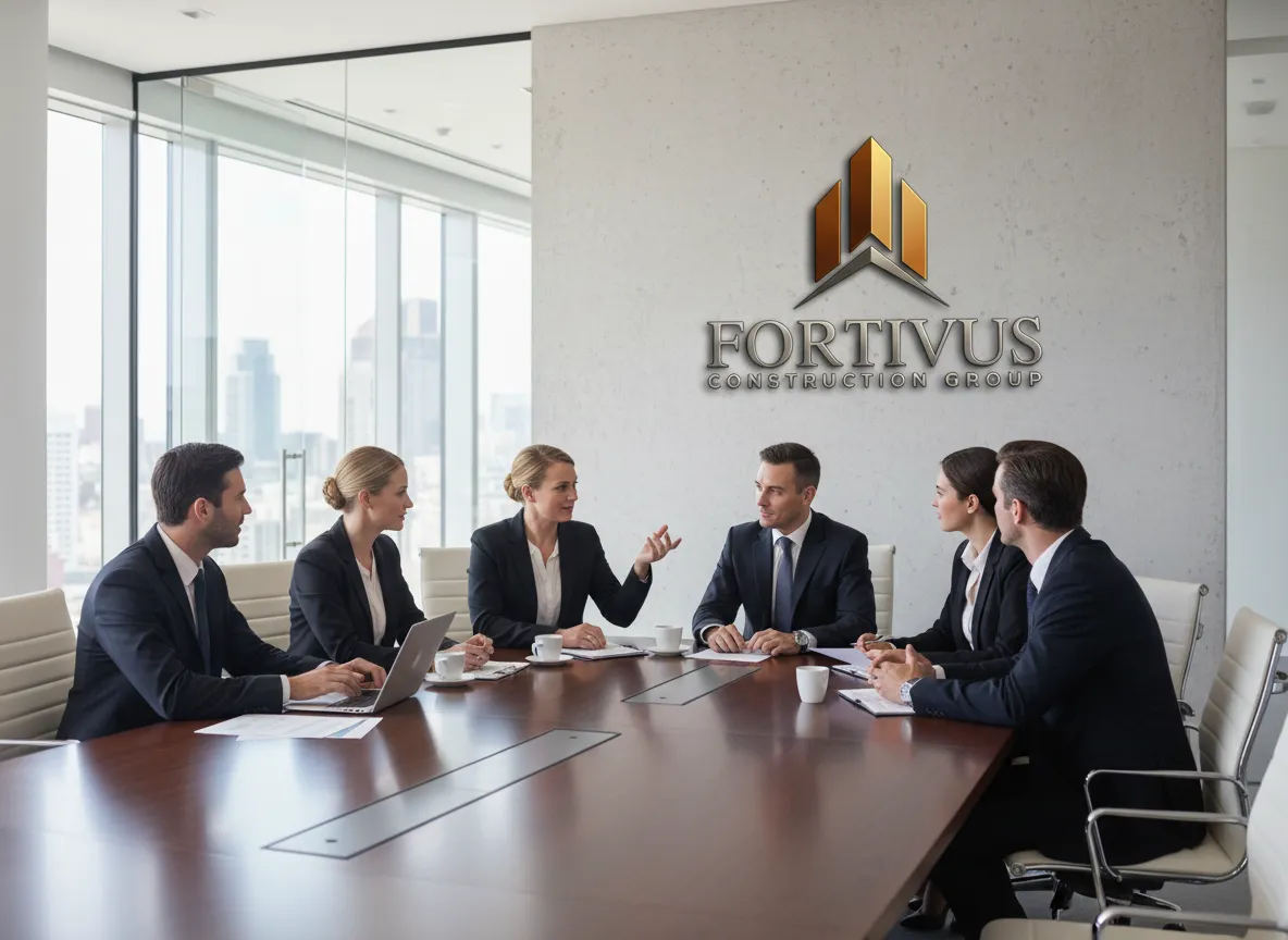 Business meeting in a glass conference room with six people around a table and a Fortivus logo on the wall
