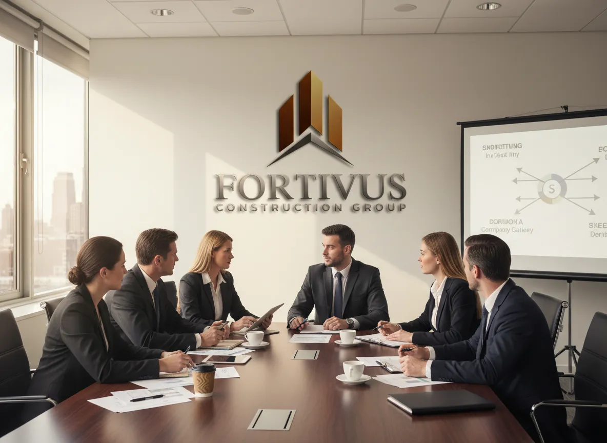Business meeting in a bright conference room with six people around a table and a Fortivus Consulting Group logo on the wall