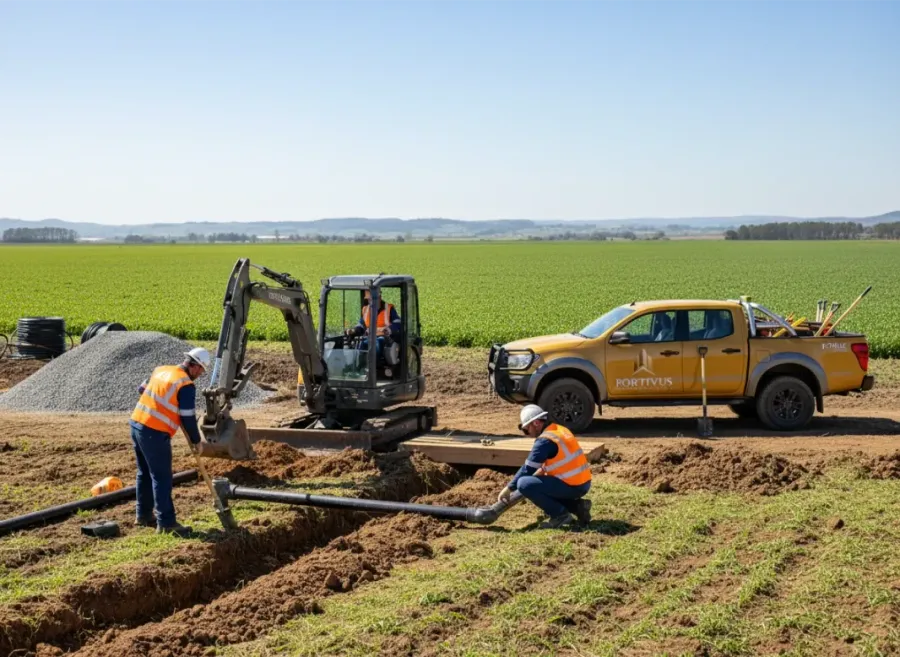 Workers and excavator digging irrigation trench in a green field beside a yellow pickup truck