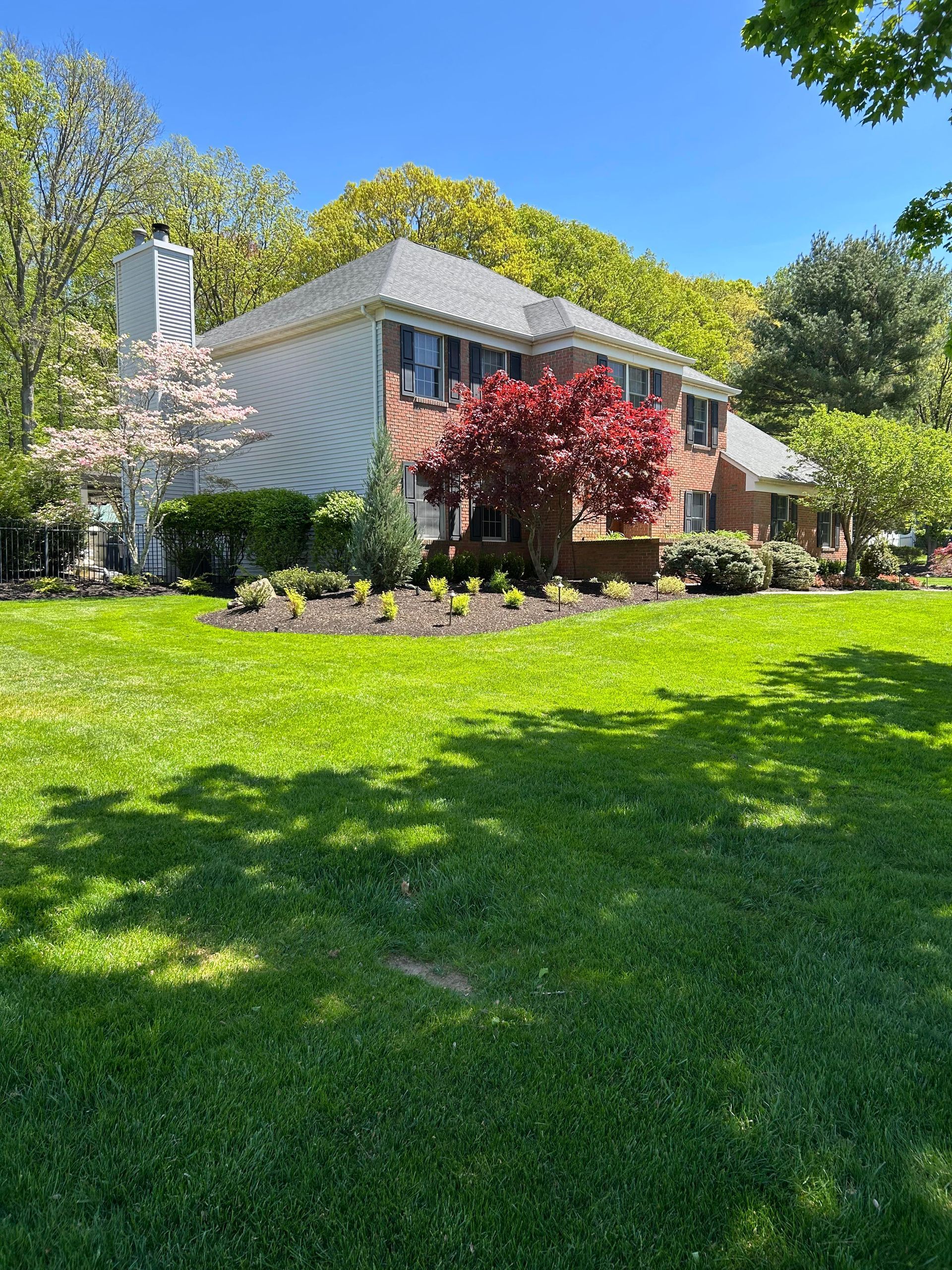 Suburban house with large green lawn, trees, and bright blue sky