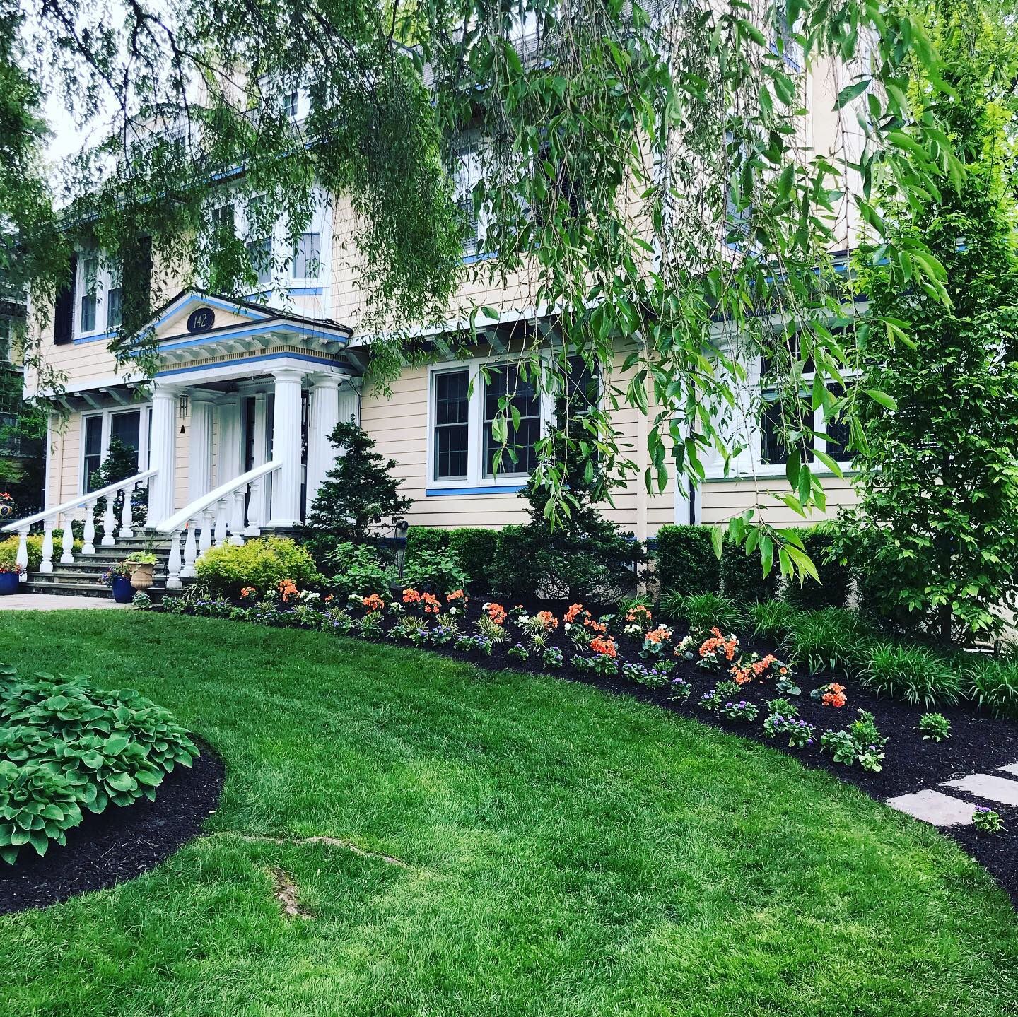 White house with blue trim, lush green lawn, flower beds, and hanging tree branches in front.