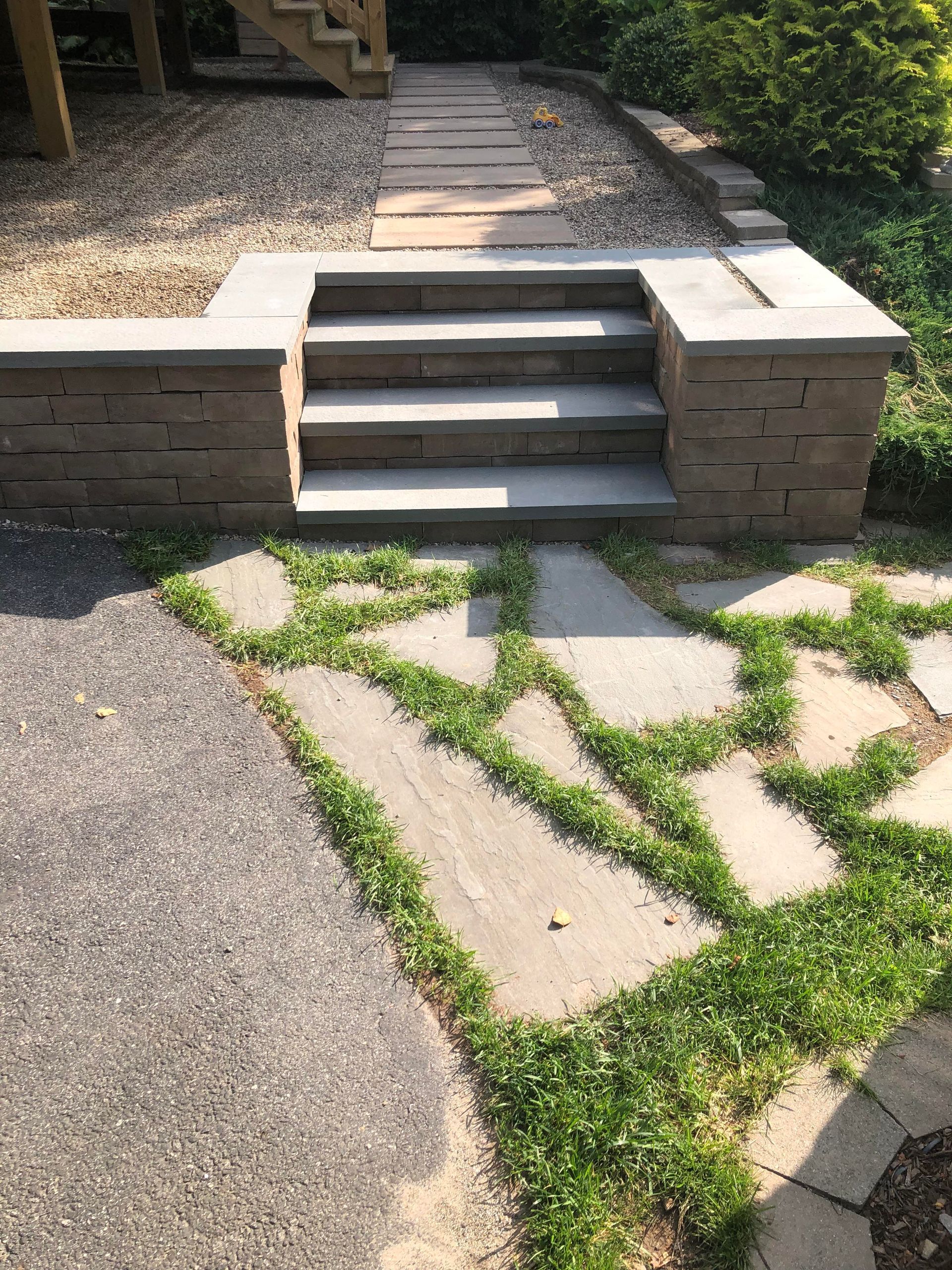 Outdoor stone steps with low retaining walls, leading to a paved walkway in a garden.