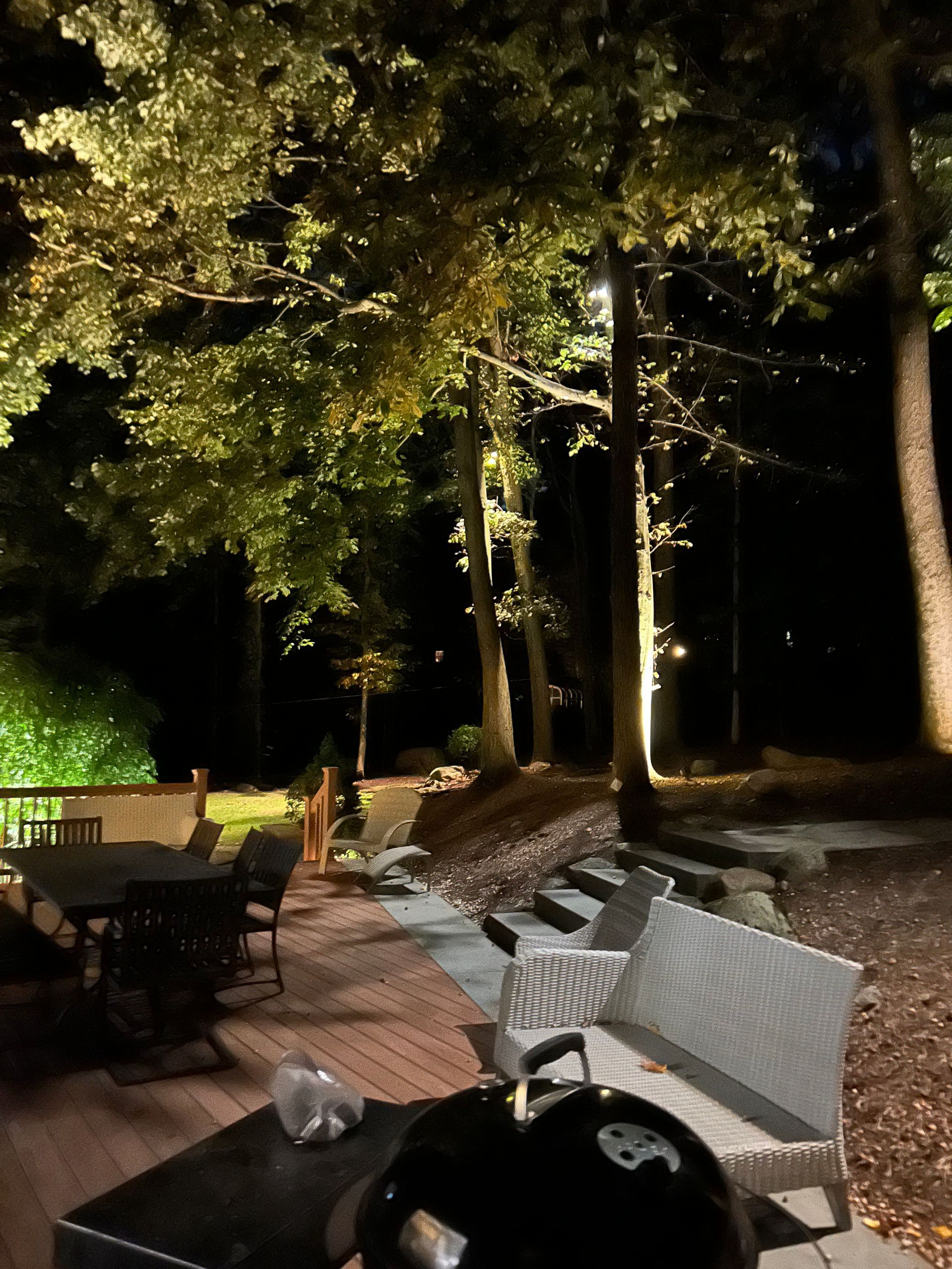 Nighttime patio with wicker chairs under trees and string lights, lit by warm outdoor lighting