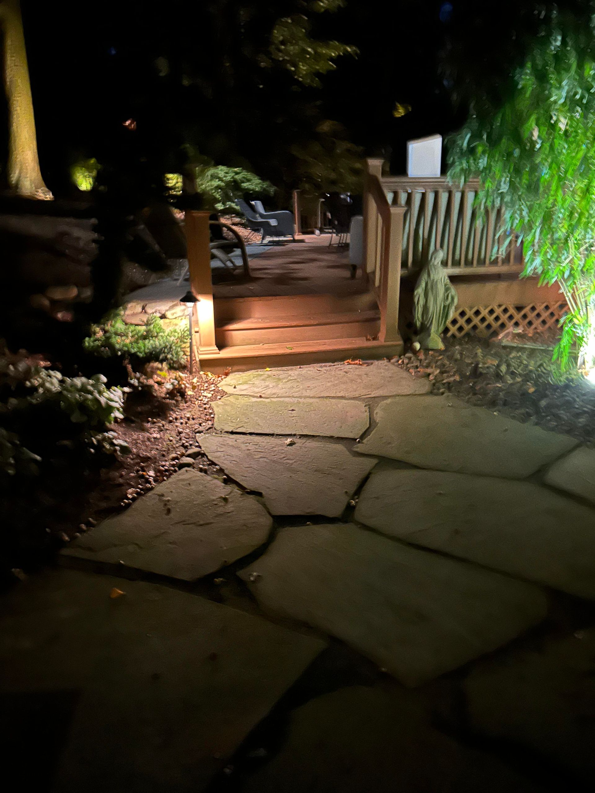 Nightlit garden path with stone pavers leading to a wooden gate and fence, surrounded by plants and trees