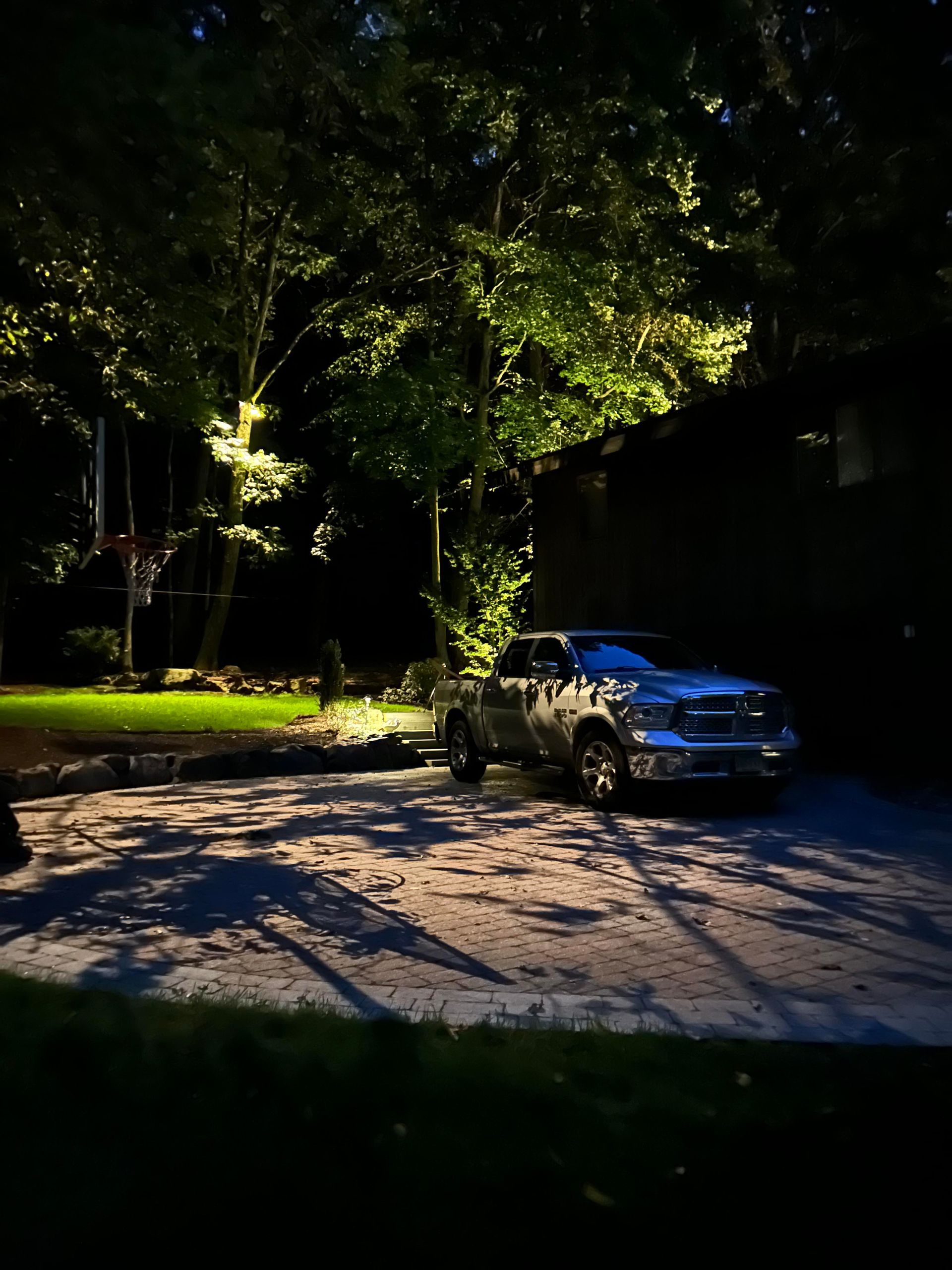 Blue car parked on a dimly lit tree-lined street at night