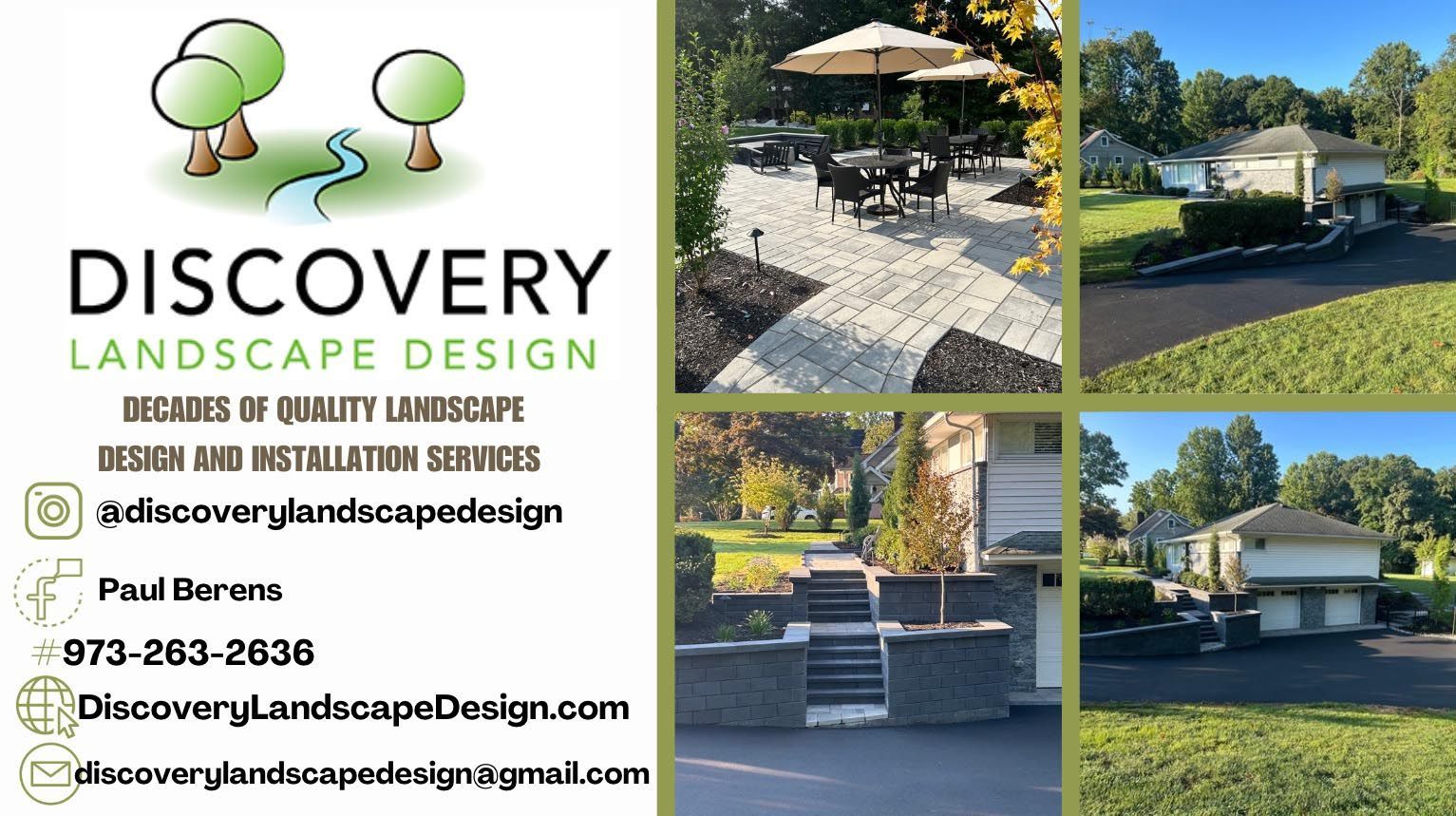 Discovery Landscape Design business card with logo, contact info, and patio and yard project photos