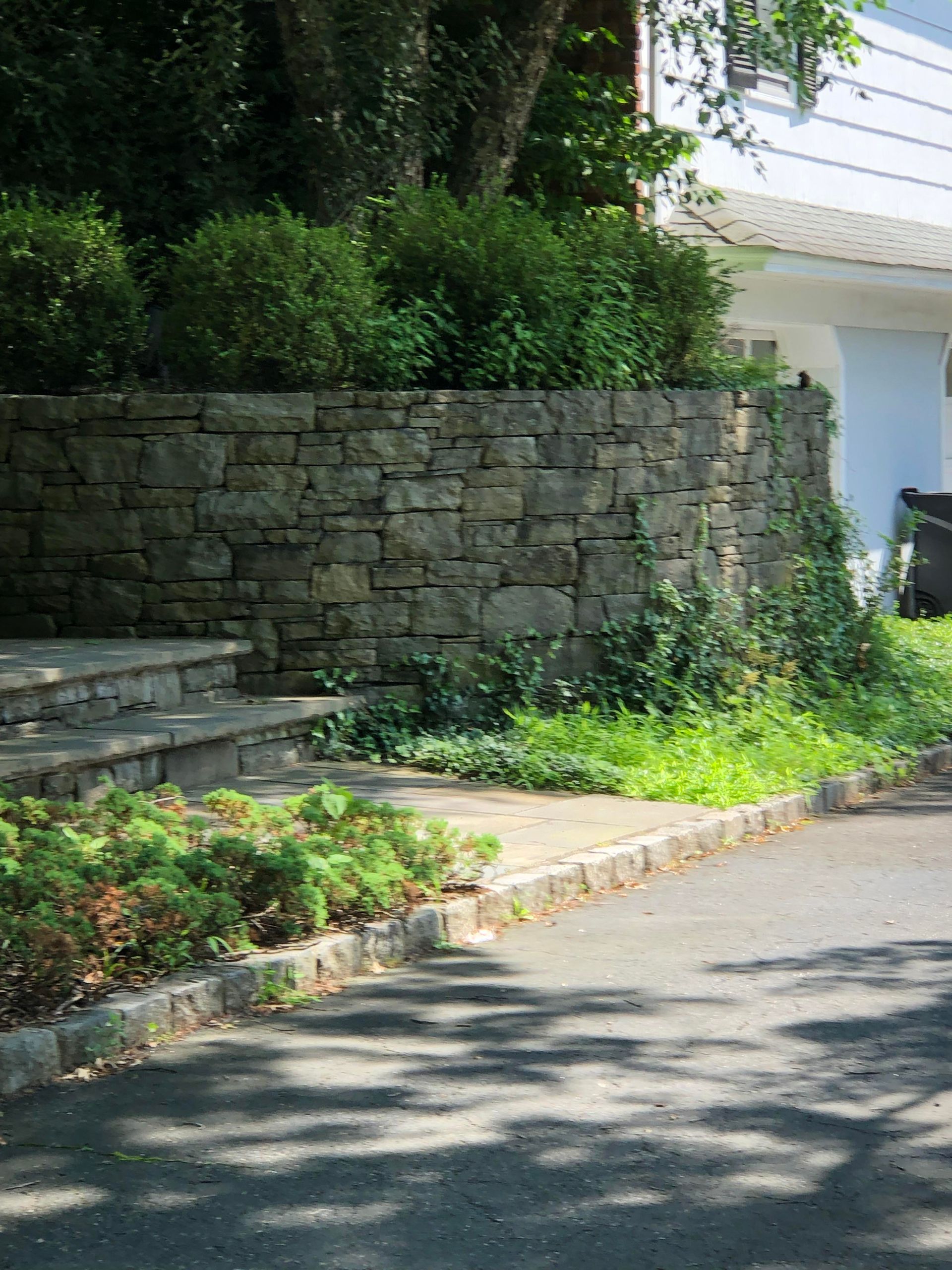 Stone retaining wall beside steps and a driveway, with green shrubs and trees in sunlight.