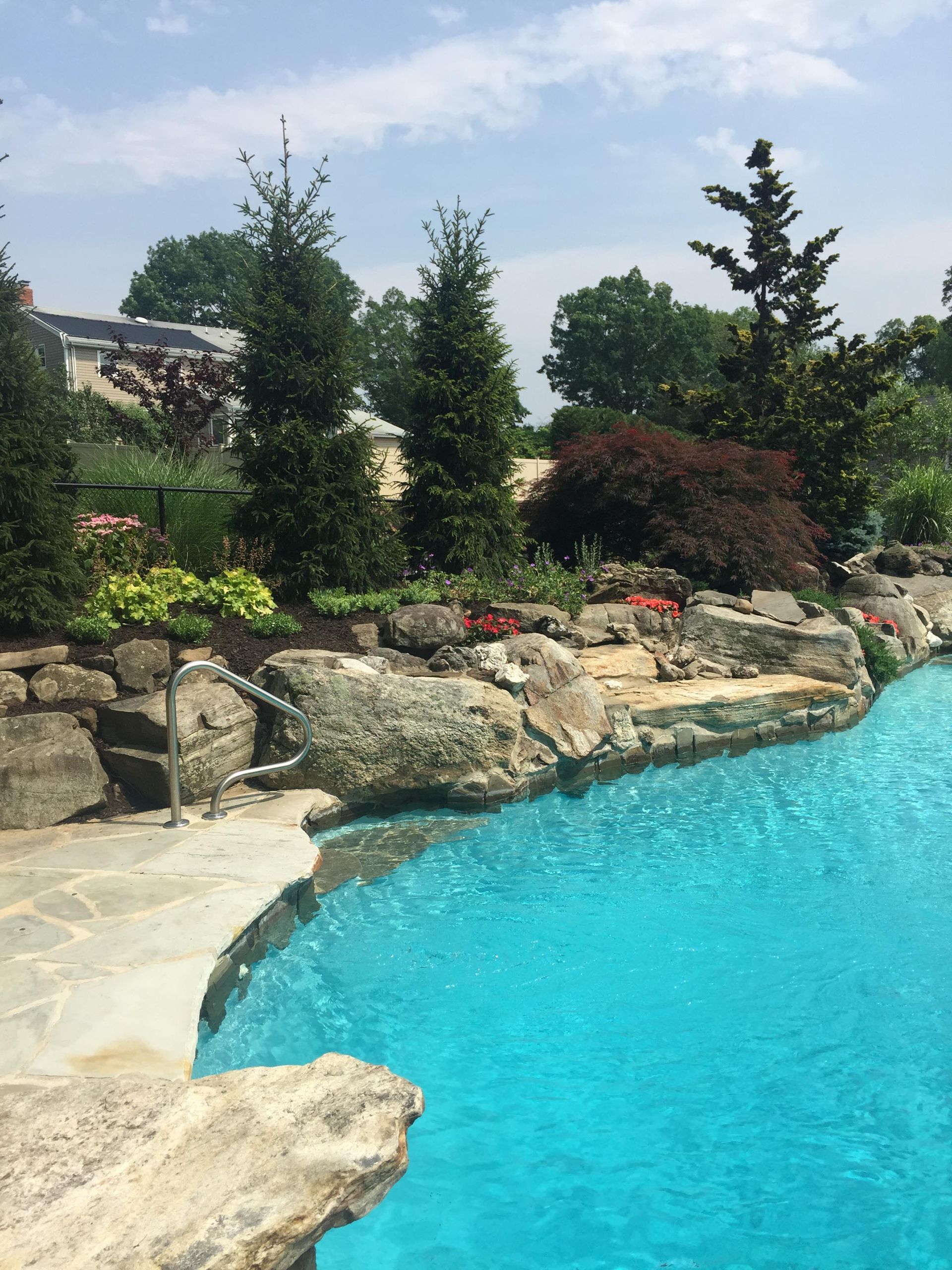 Rock-edged swimming pool with bright blue water and landscaped greenery under a clear sky.