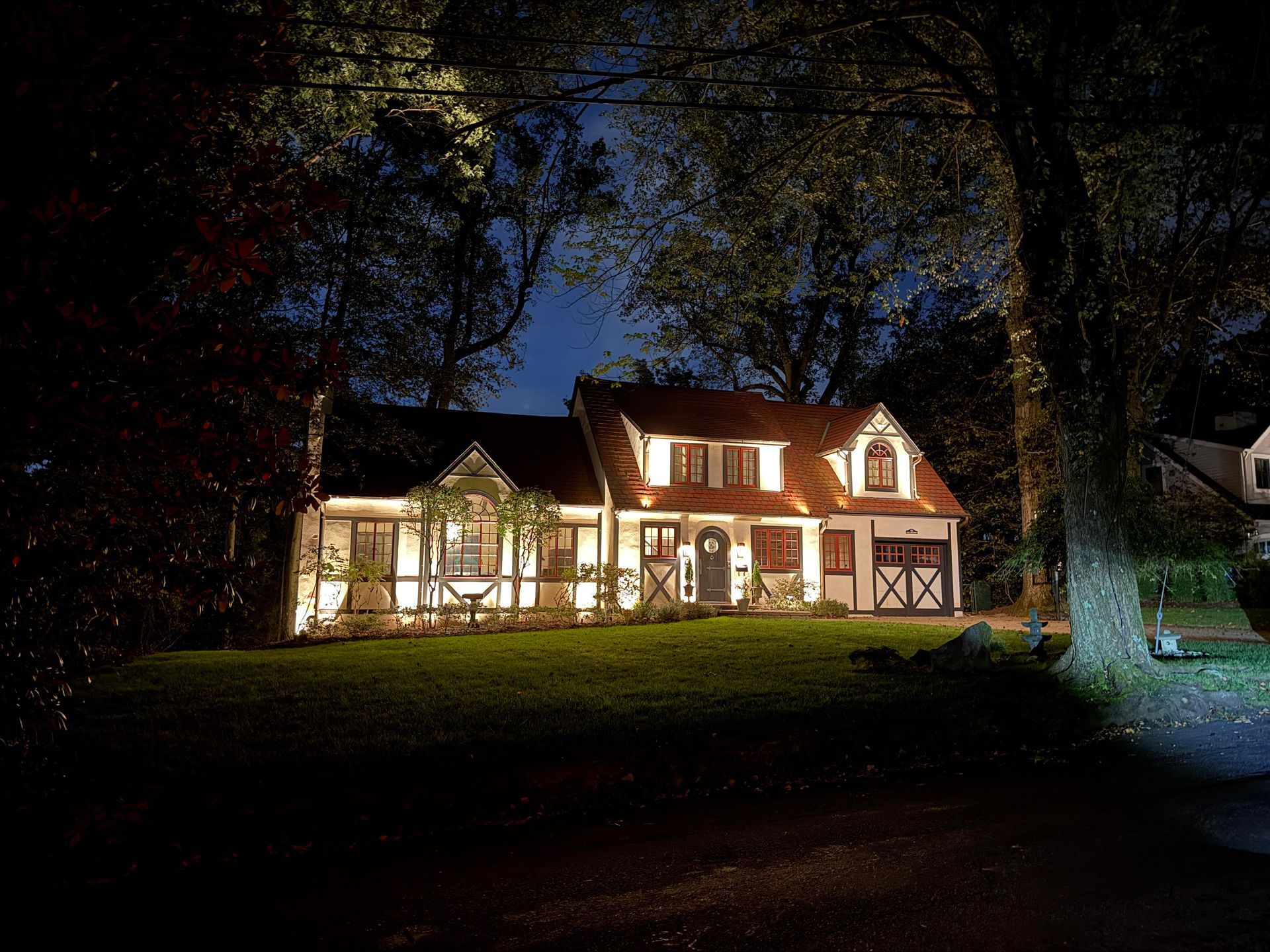 Lit house at night beside tall trees, with a dark yard and blue light in the foreground