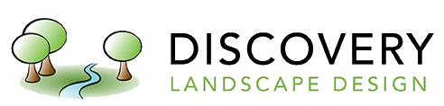 Discovery Landscape Design logo with stylized green trees and text on a light background