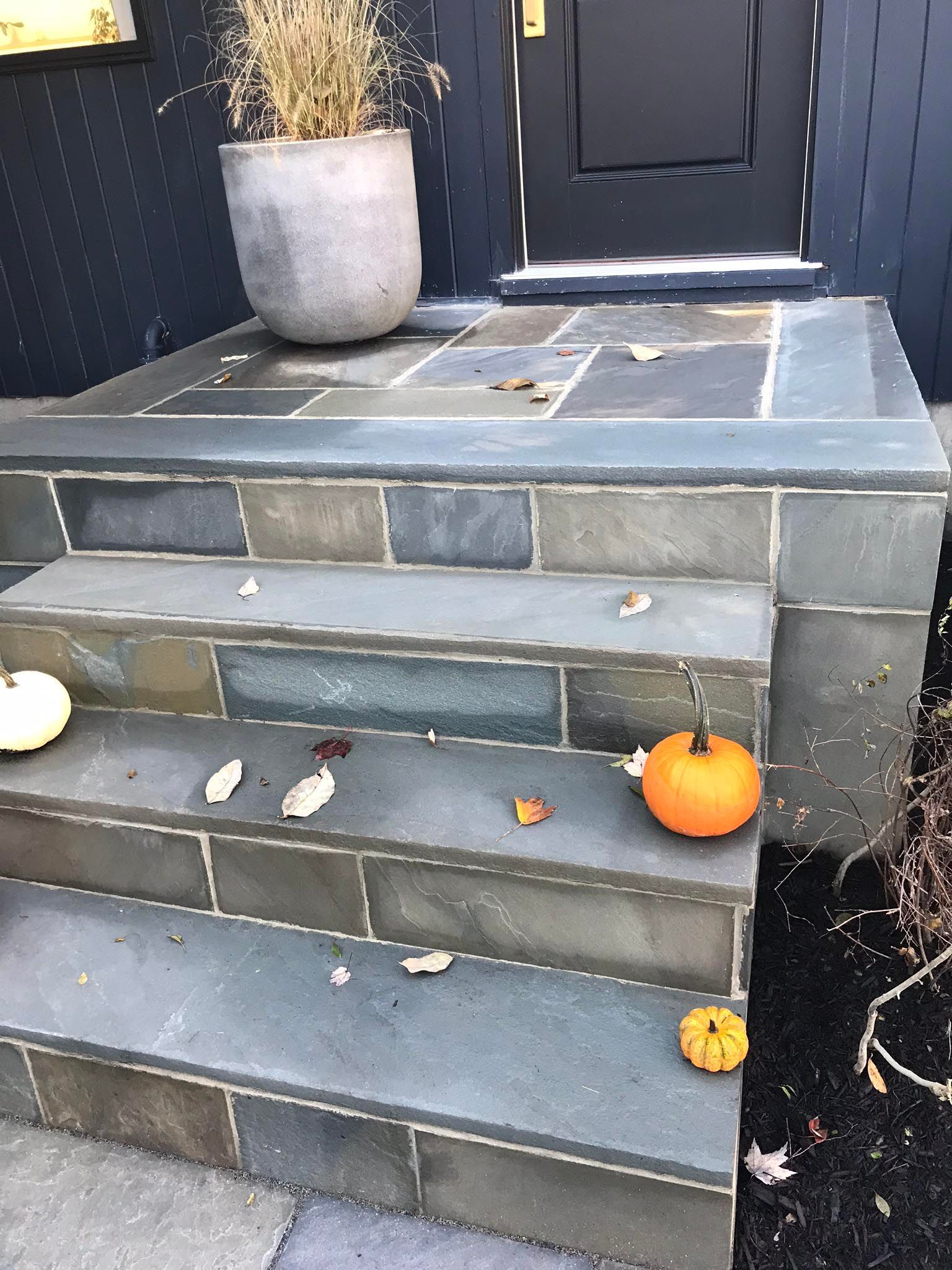 Front steps with gray tile, a black door, a potted plant, and small pumpkins on the steps.