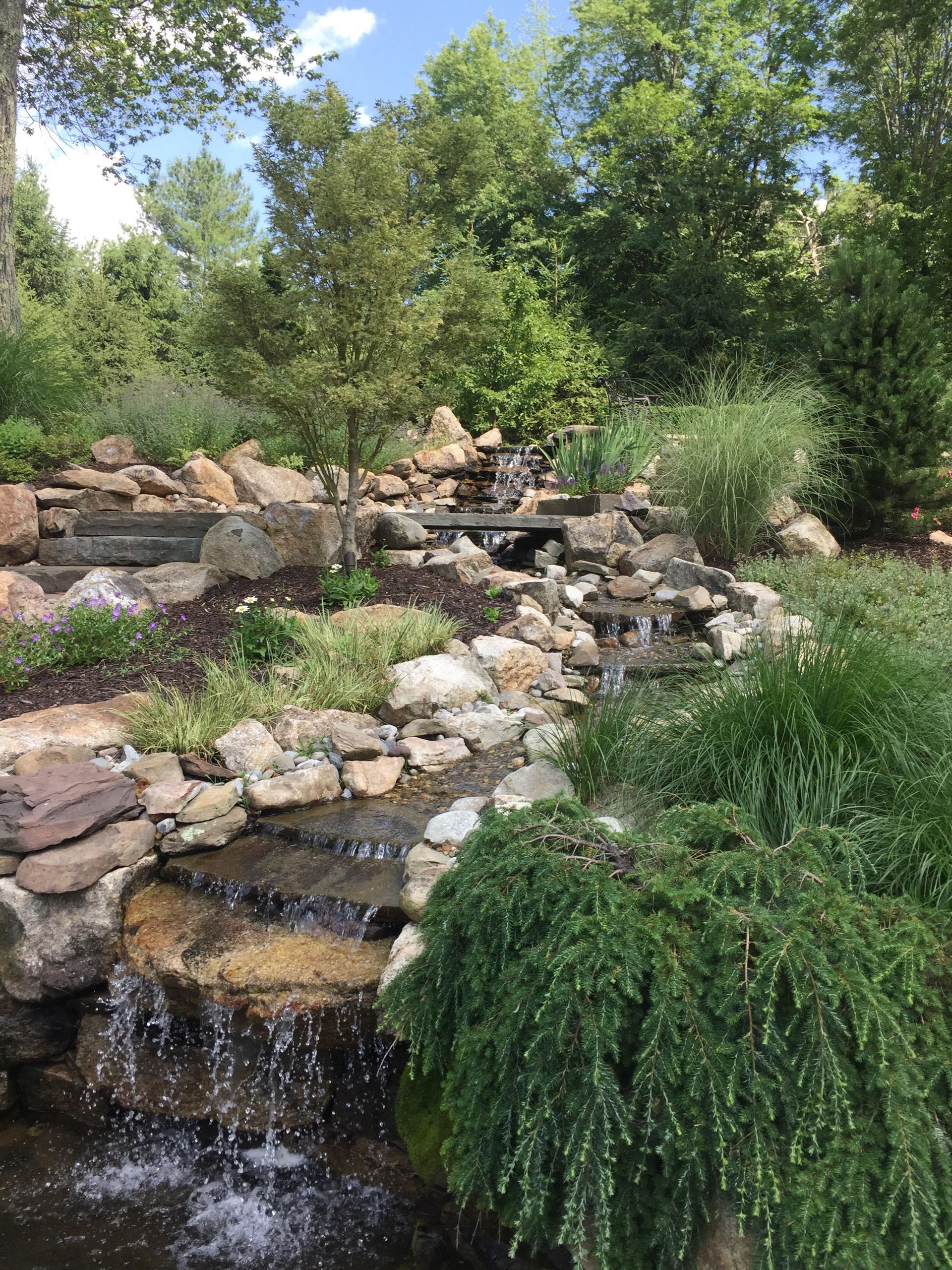 Garden waterfall over rocks with lush green plants and trees under a blue sky