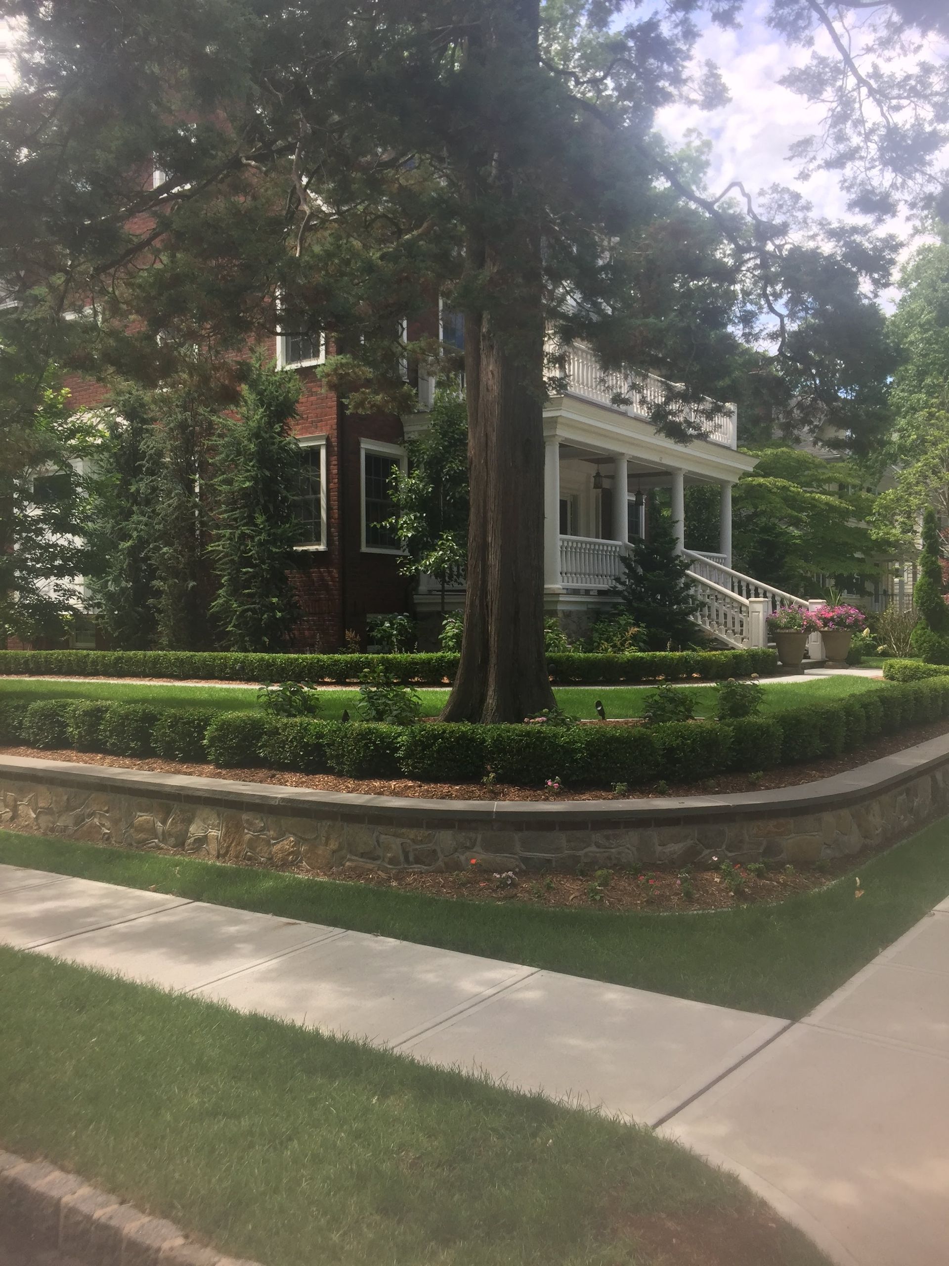 Brick house with white porch behind a large tree, bordered by a manicured hedge and sidewalk.