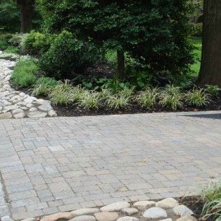 Stone-paved driveway beside a landscaped garden with shrubs and trees