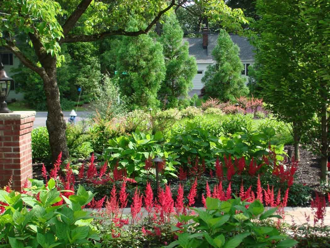Lush garden with red flowers, green trees, and a stone path in bright sunlight