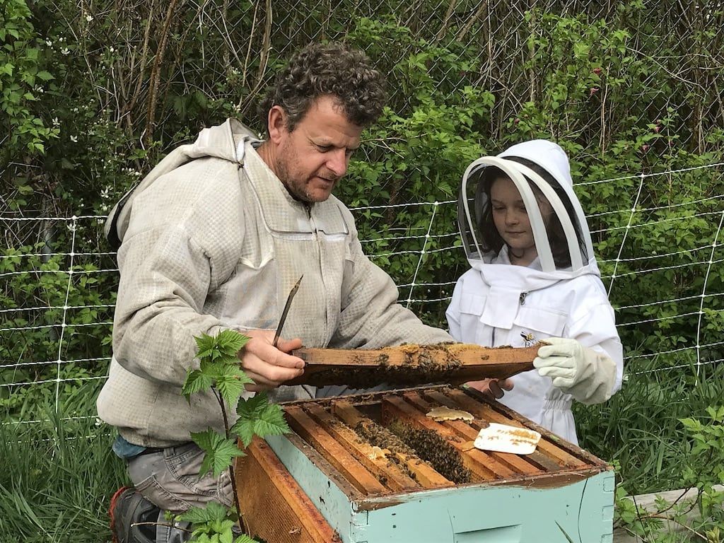 A man and a child are working on a beehive.