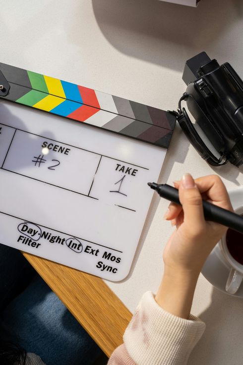 A person is writing on a clapper board with a pen.