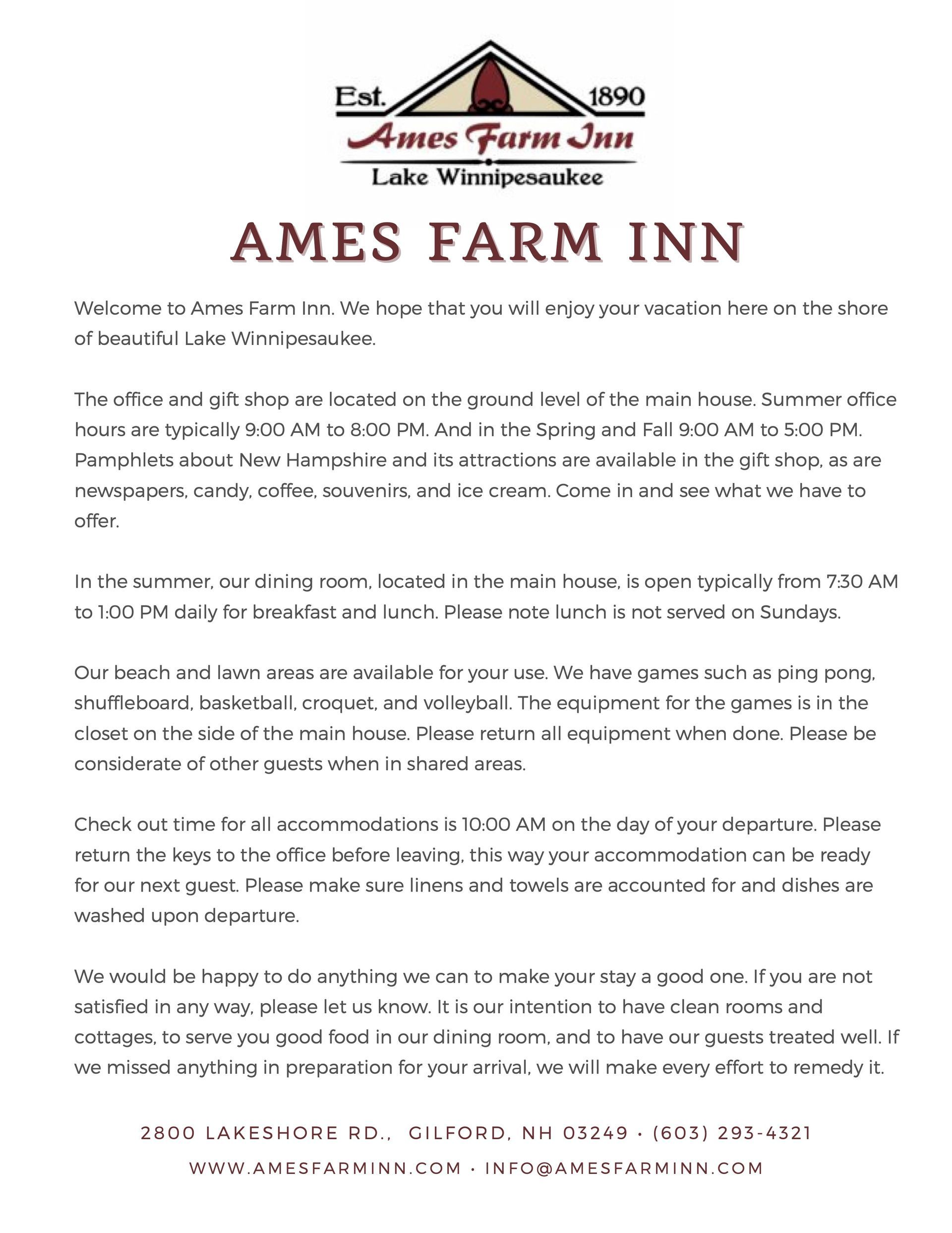 A formal welcome letter from Ames Farm Inn on Lake Winnipesaukee, outlining check-in, amenities, and checkout information.