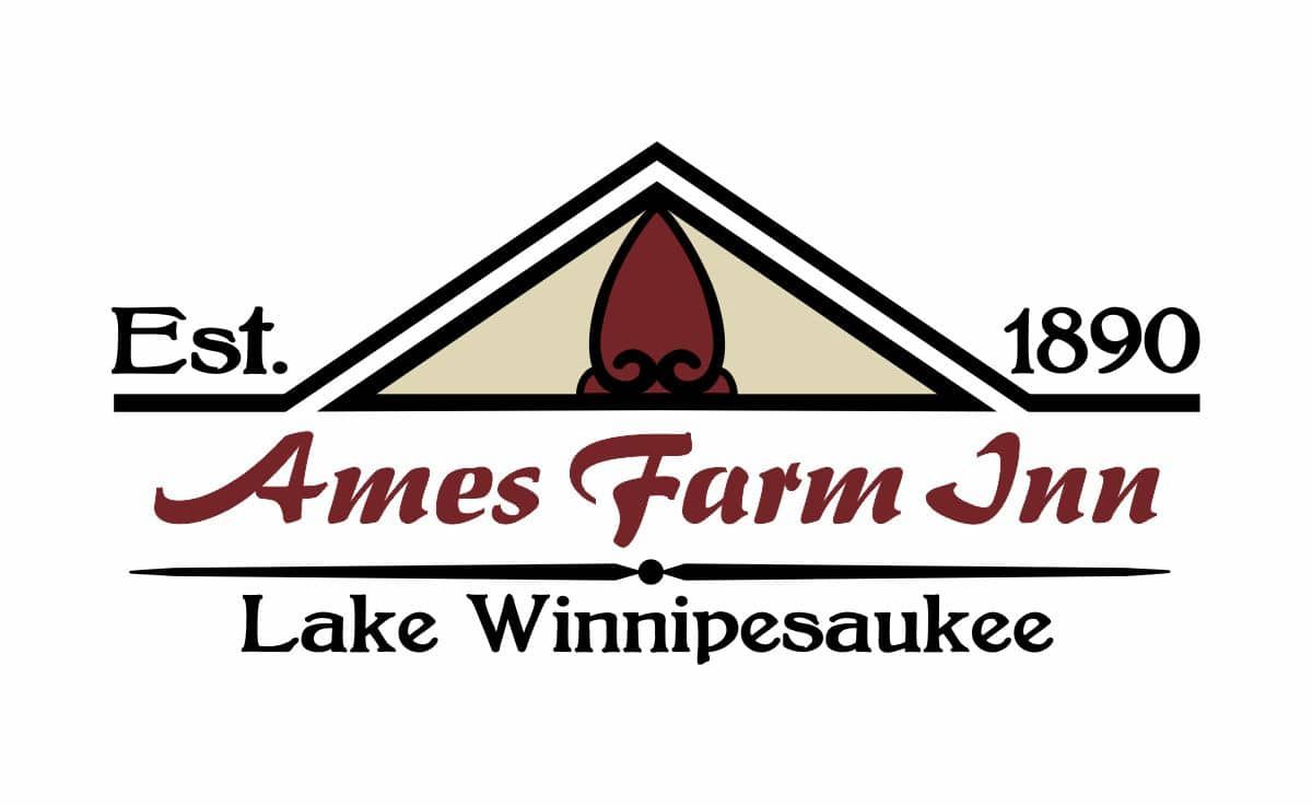 Logo for Ames Farm Inn, Lake Winnipesaukee, featuring a dark red emblem atop a cream triangle and text reading Est. 1890.