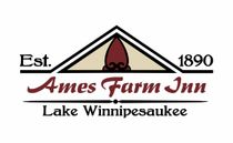 Logo for Ames Farm Inn, Lake Winnipesaukee, featuring a dark red emblem atop a cream triangle and text reading Est. 1890.