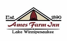 Logo for Ames Farm Inn, Lake Winnipesaukee, featuring a dark red emblem atop a cream triangle and text reading Est. 1890.