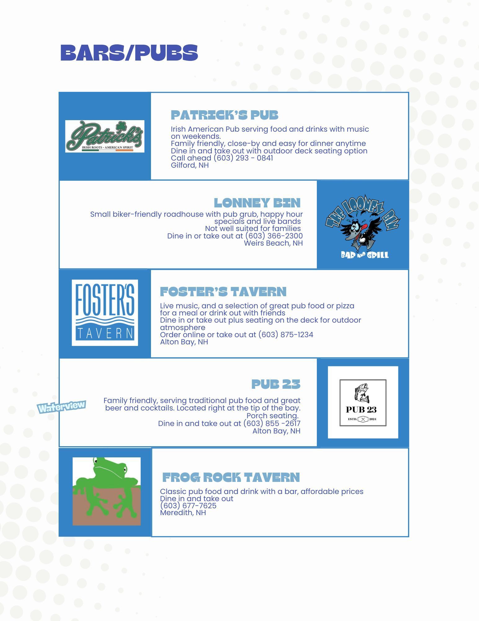 A guide listing five local bars and pubs with their logos, names, and short descriptions of their offerings.