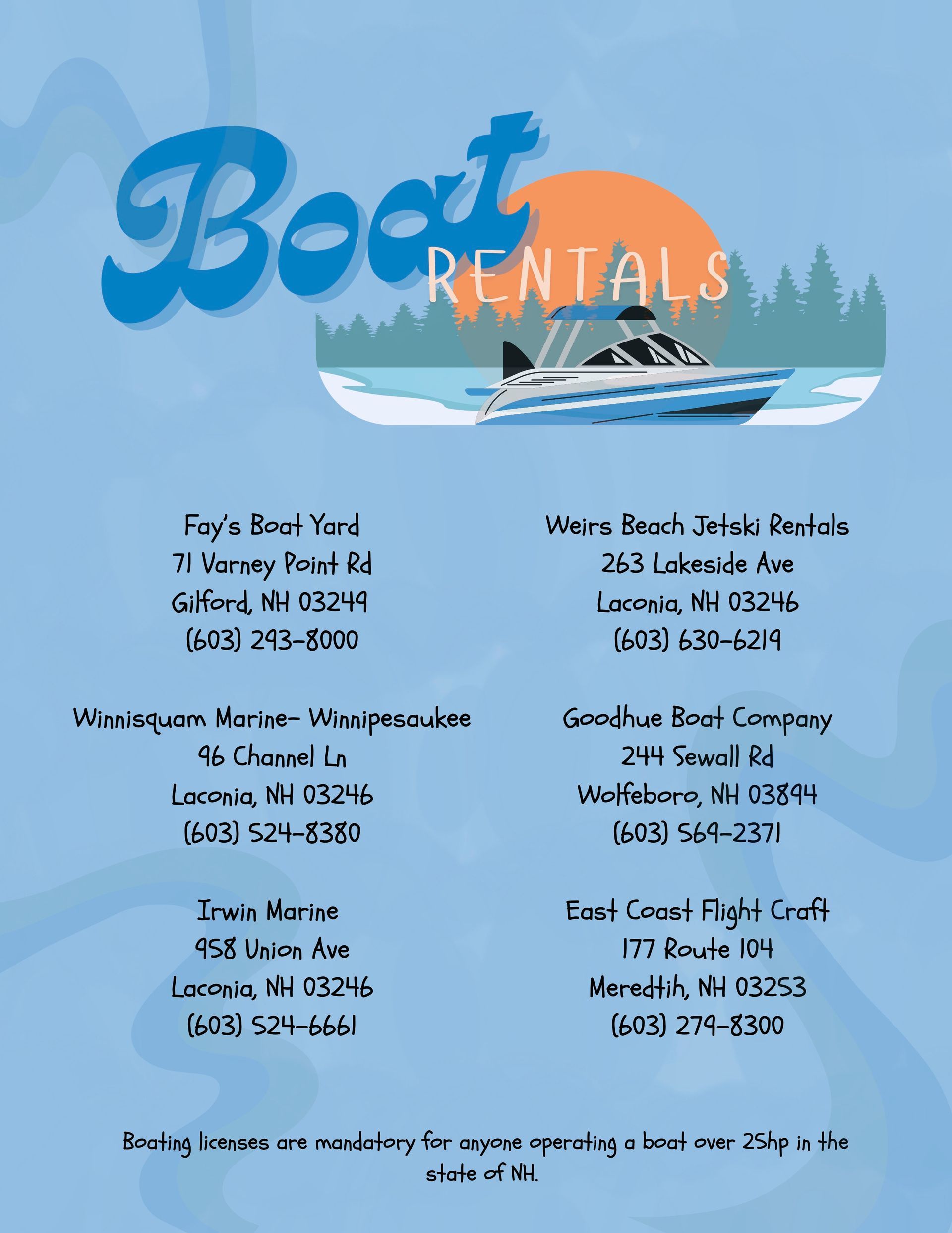 A flyer with a boat graphic lists six NH boat rental companies, their addresses, and phone numbers.