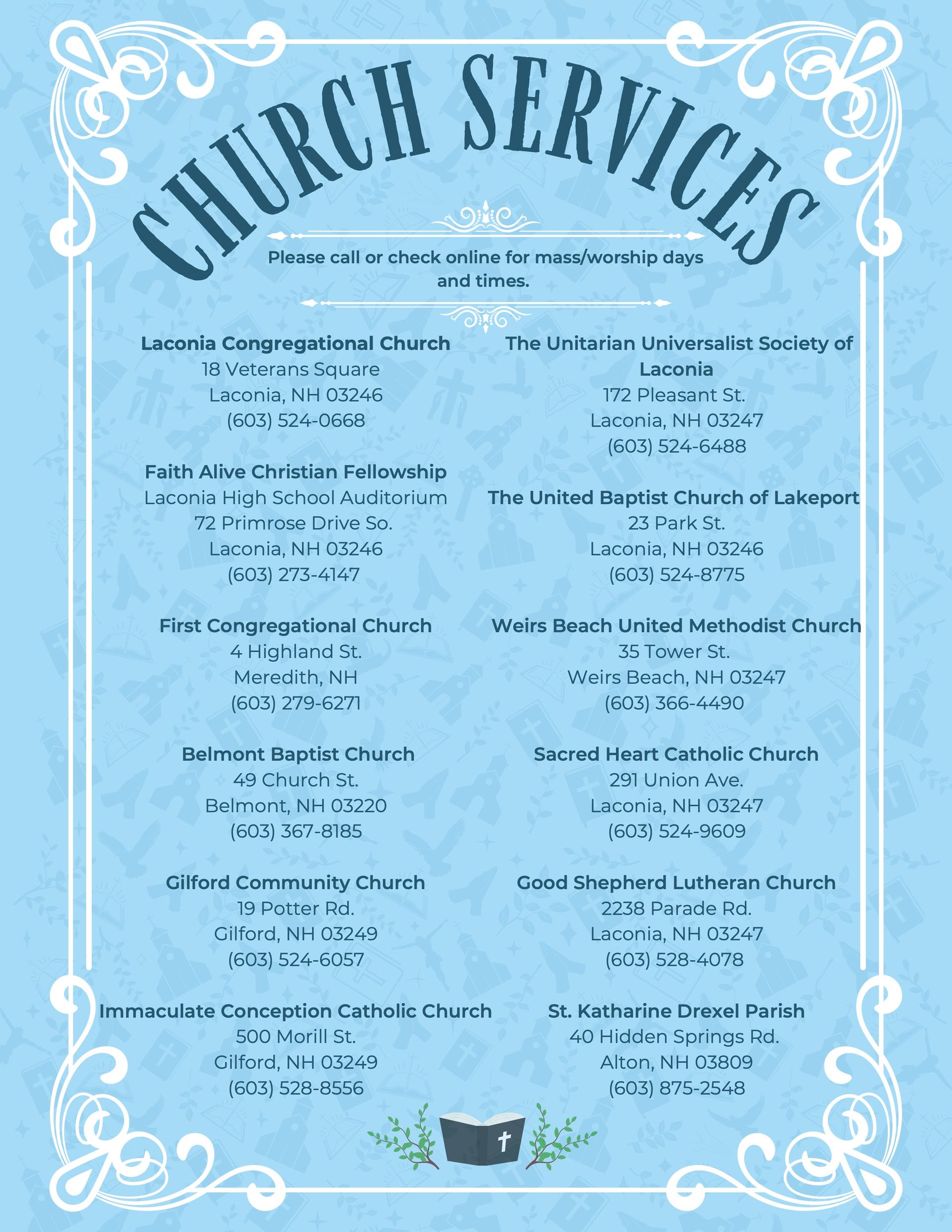 A list of church services with addresses and phone numbers on a decorative, light blue background.