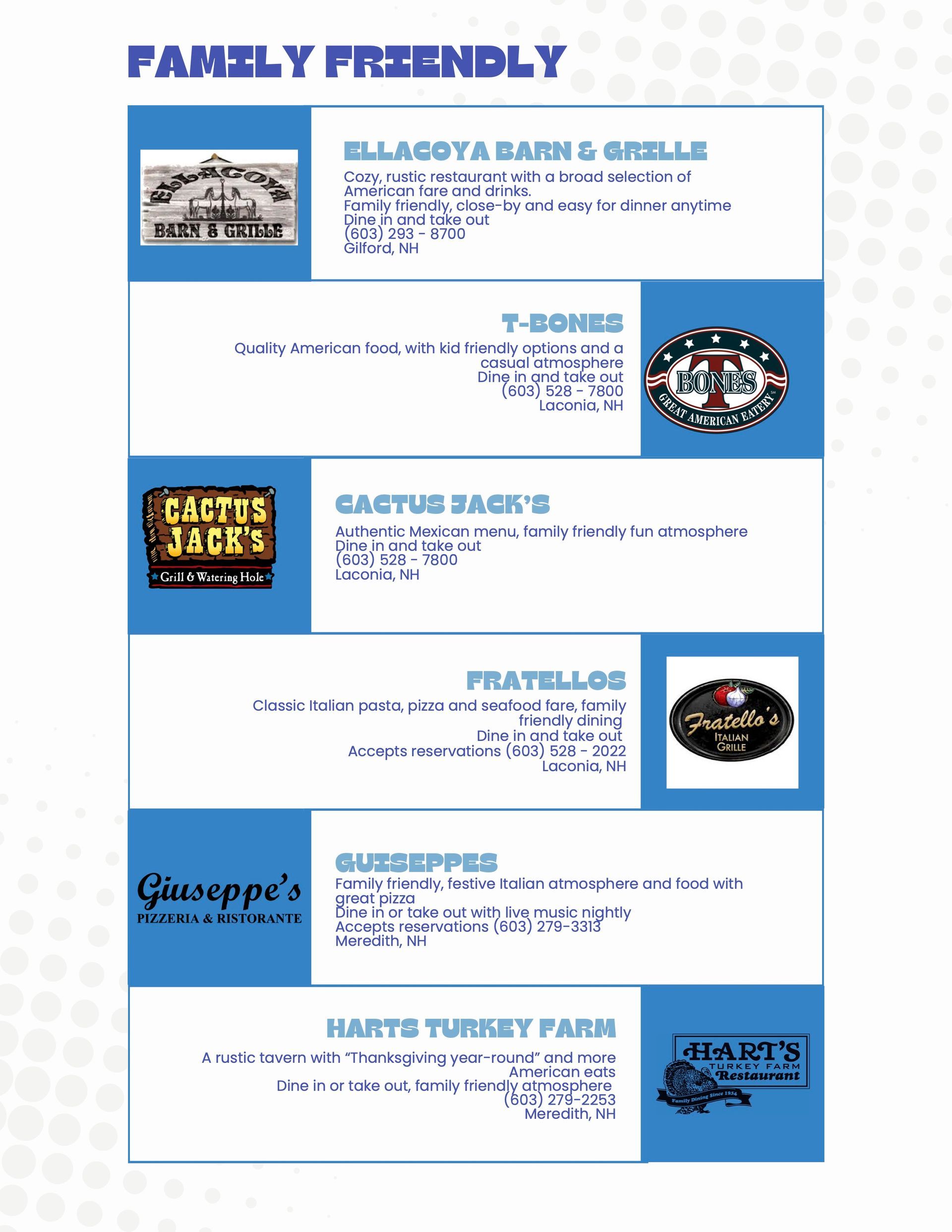 A list of family-friendly restaurants, featuring logos and descriptions for each establishment in a white and blue layout.