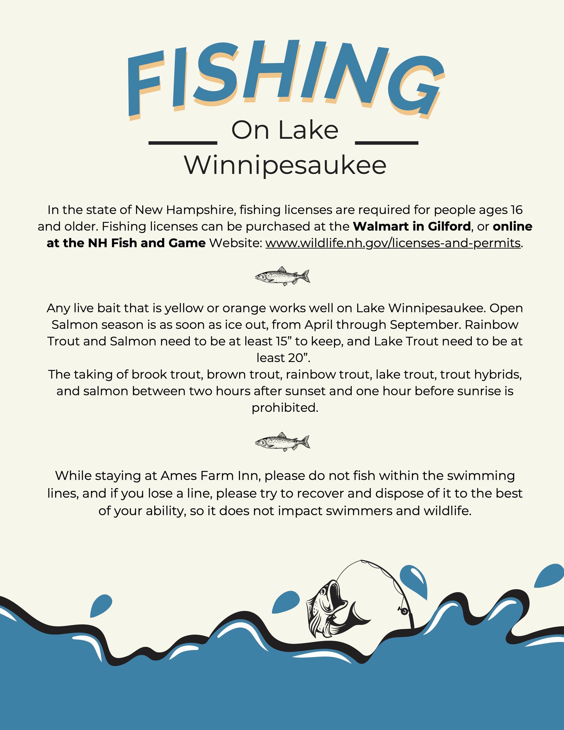 Informational sign for fishing on Lake Winnipesaukee, featuring rules on licenses, local fish species, and water safety.
