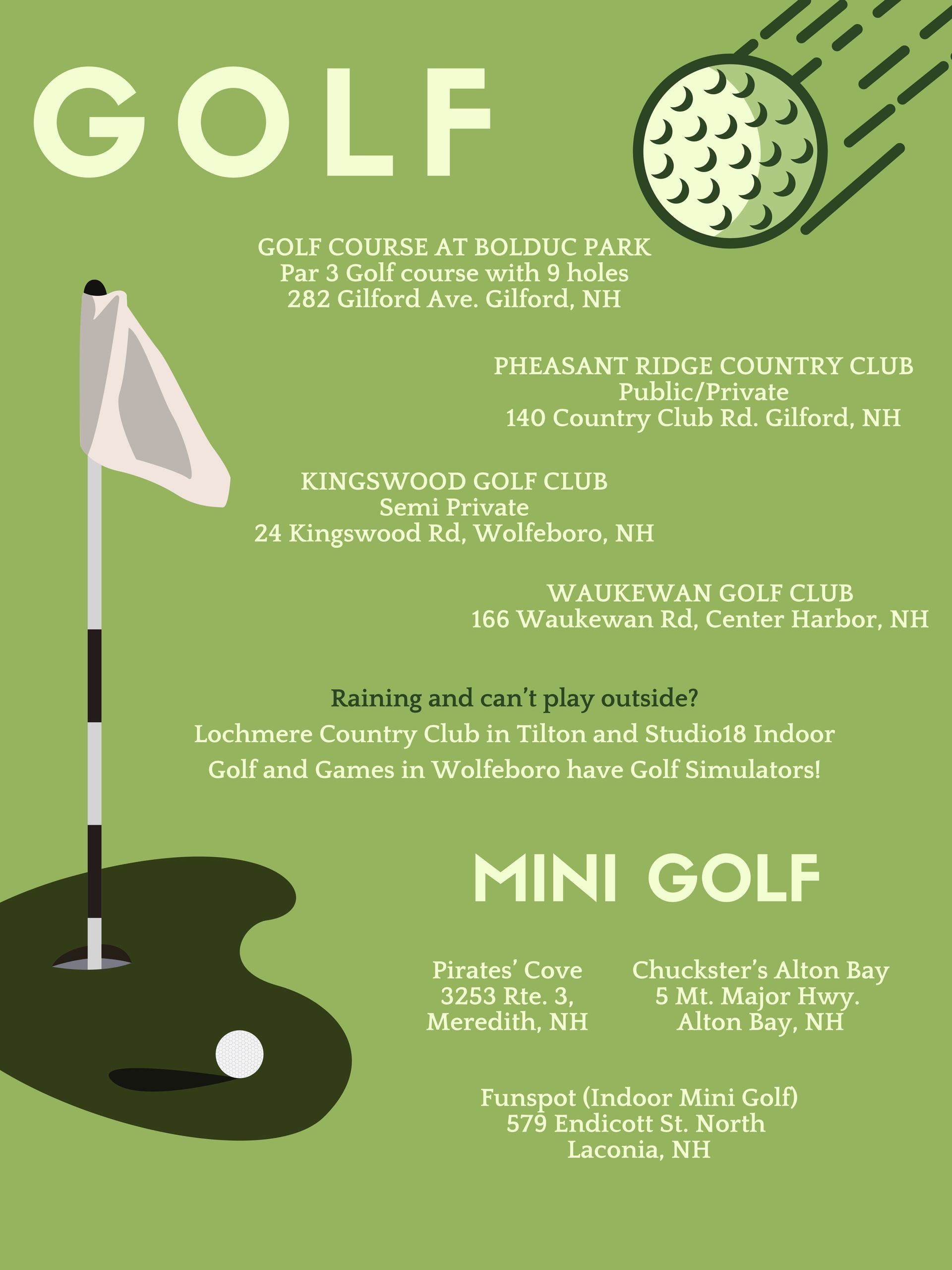 A green flyer listing golf and mini-golf courses in New Hampshire, with illustrations of a golf ball and a putting green.