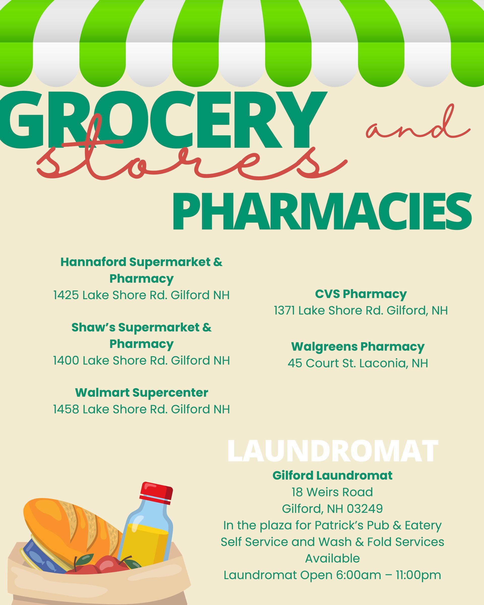 A flyer listing local grocery stores, pharmacies, and a laundromat in Gilford, NH, with a green and white striped awning.