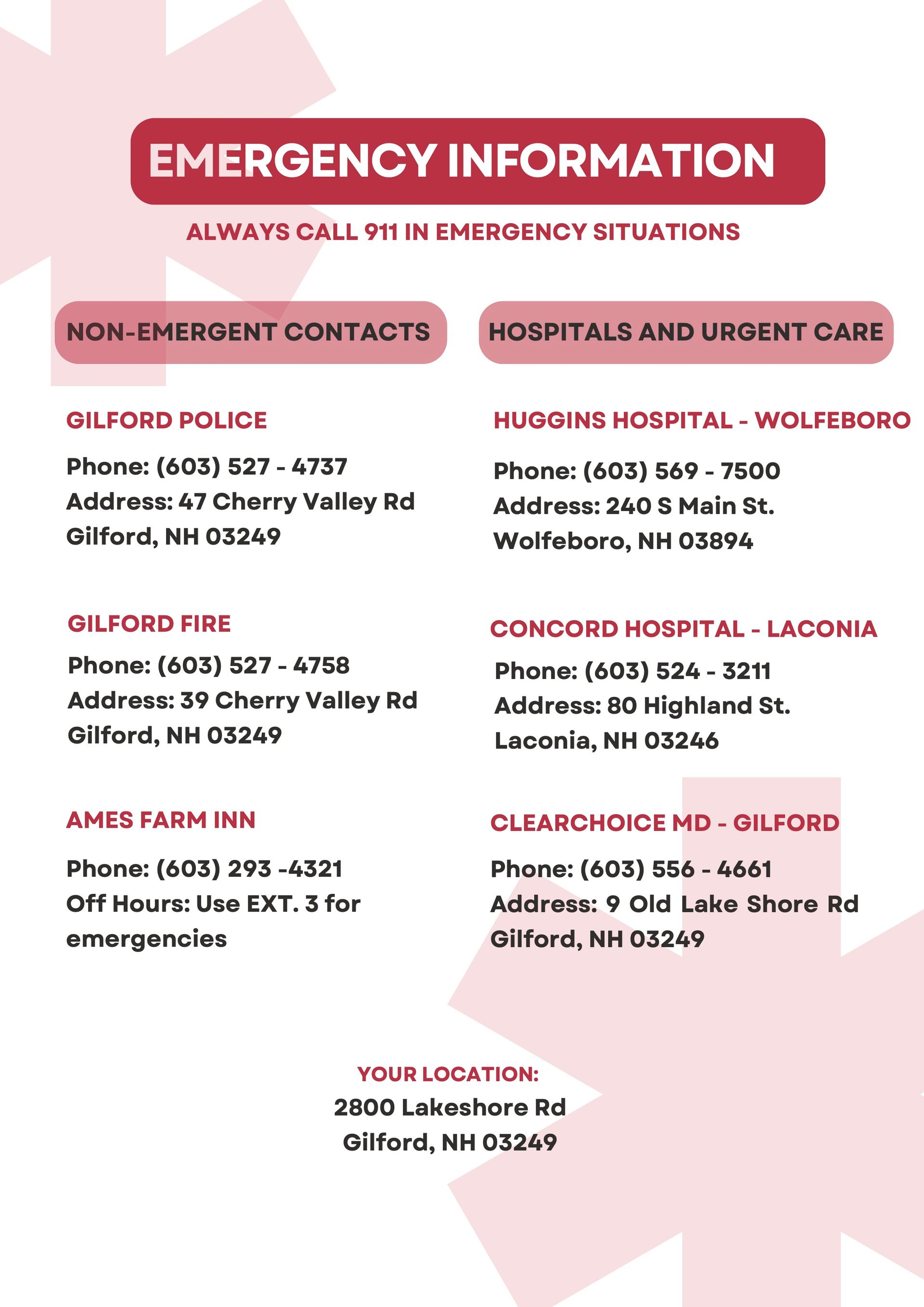 Emergency information sheet listing contact details for local police, fire, hospitals, and urgent care in Gilford, NH.