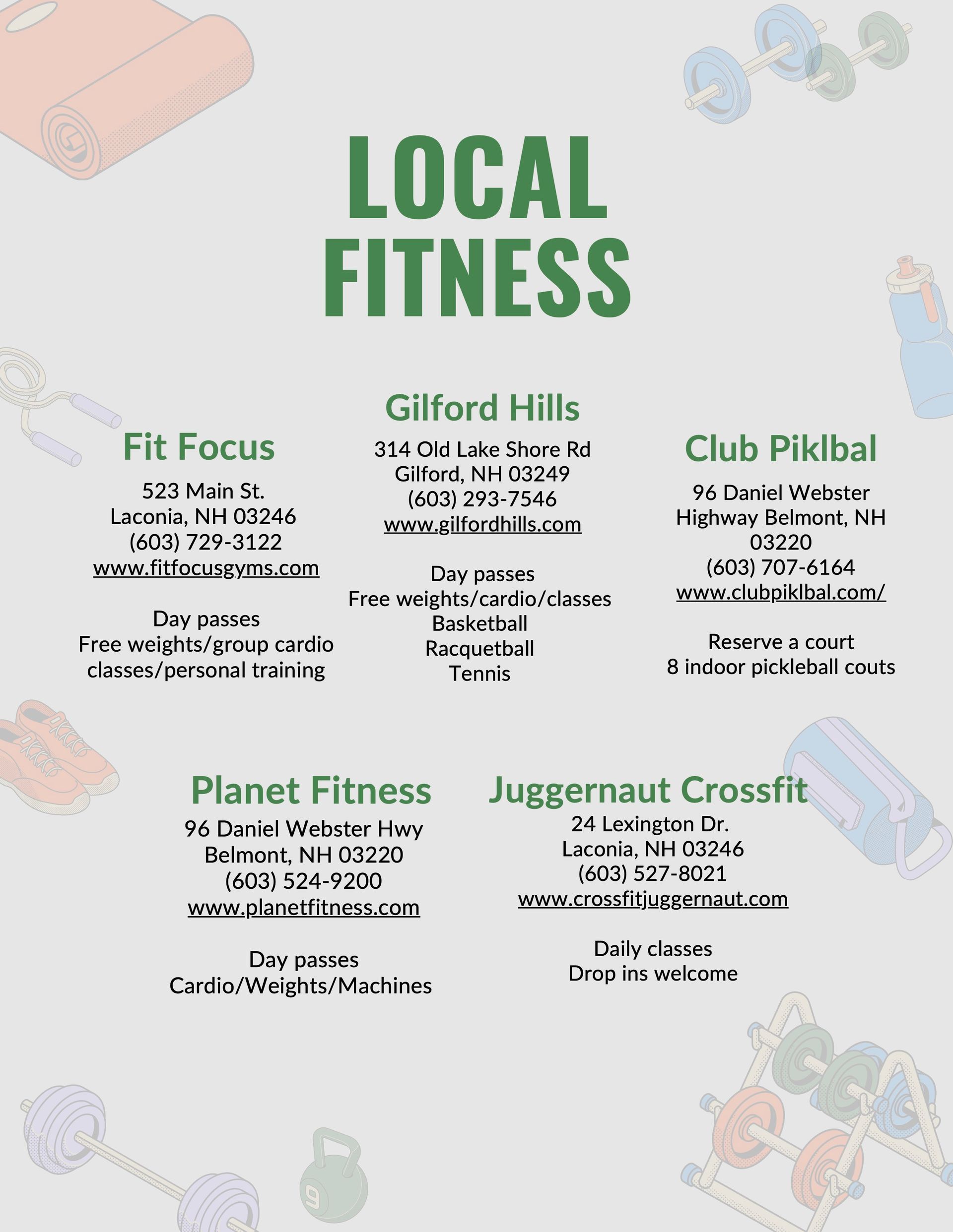 Flyer titled Local Fitness listing contact info, addresses, and amenities for five local fitness centers on a gray background.