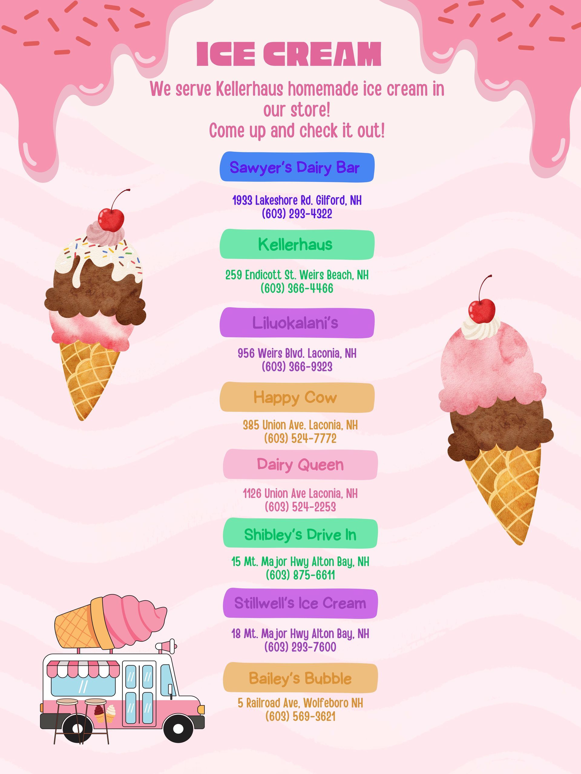 A list of local ice cream shops with addresses and phone numbers, framed by pink drip-style borders and ice cream graphics.