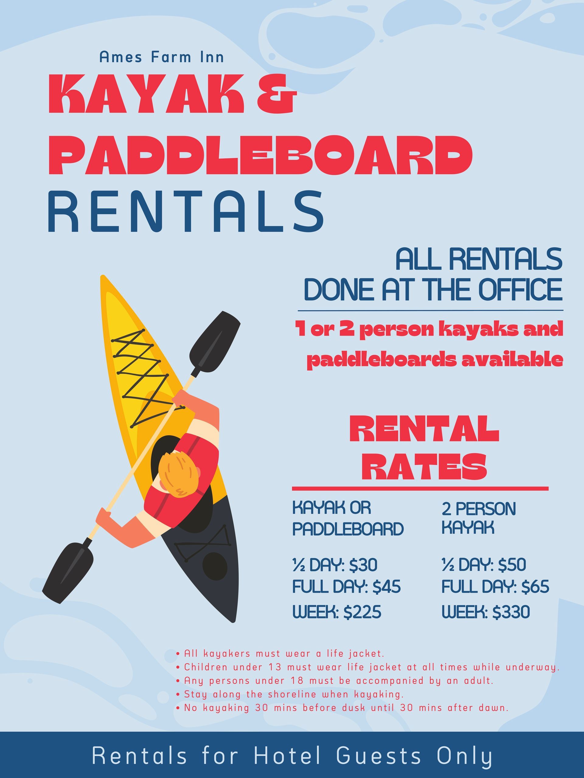Informational flyer for kayak and paddleboard rentals at a hotel office, featuring pricing and usage guidelines.