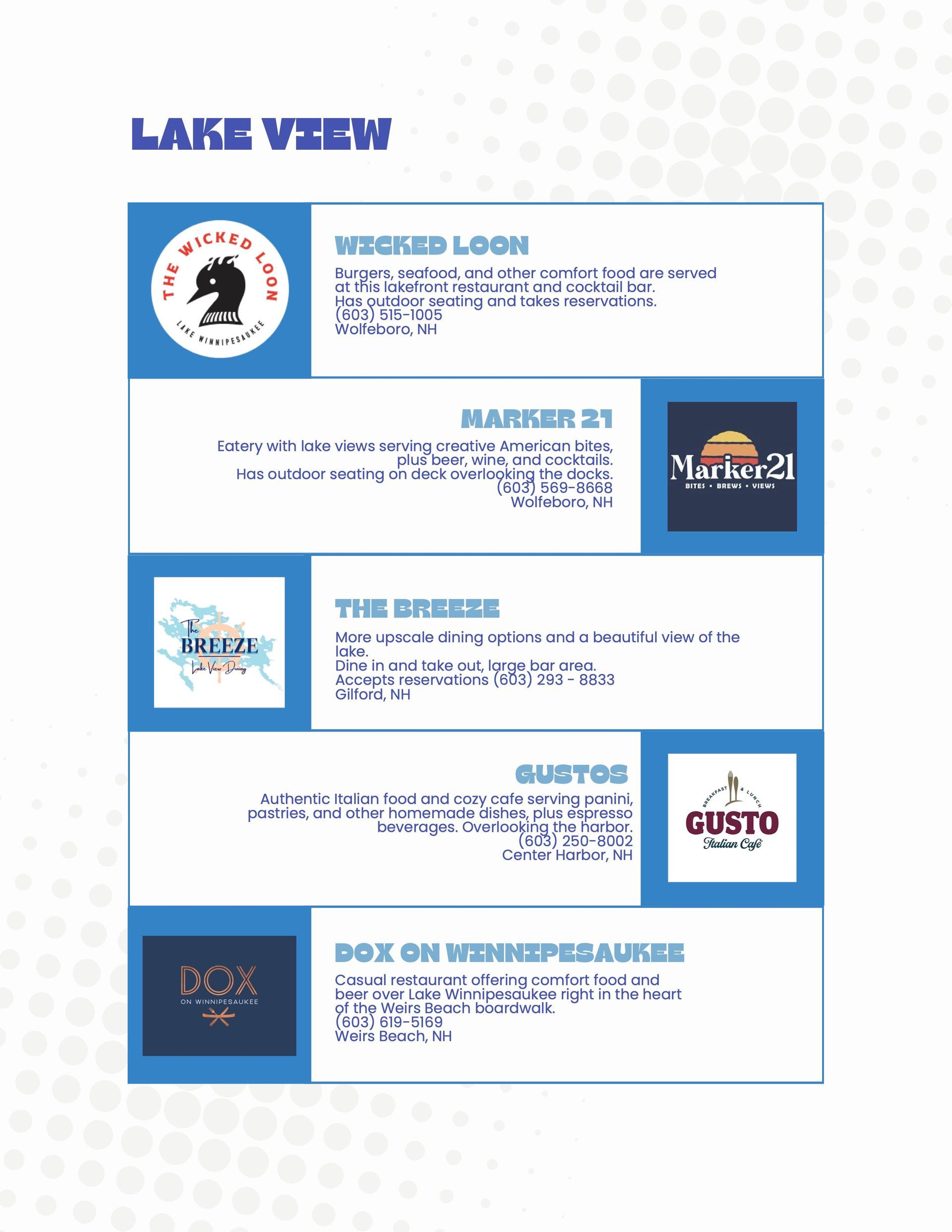 A list of five lakefront restaurants, including logos and text descriptions, under the heading